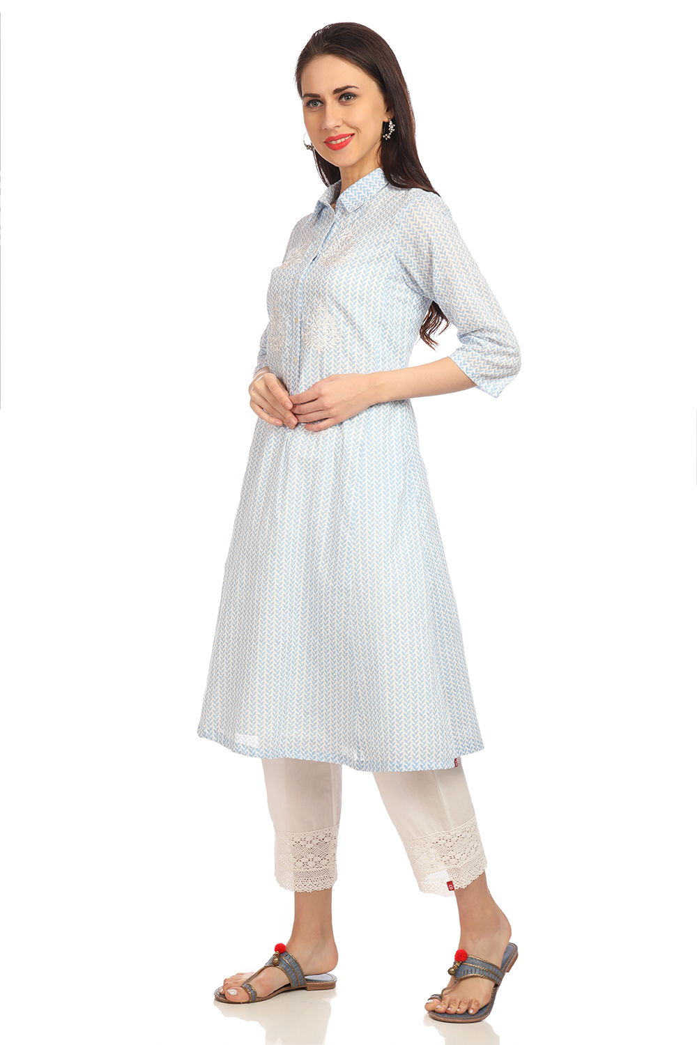 Sky Blue A-Line Chikankari Cotton Printed Kurta image number 3