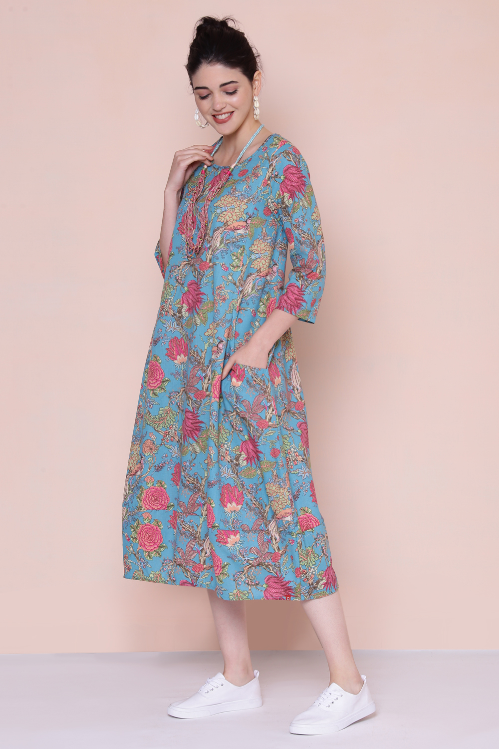 Blue Cotton Flax A-line Printed Kurta Dress image number 2