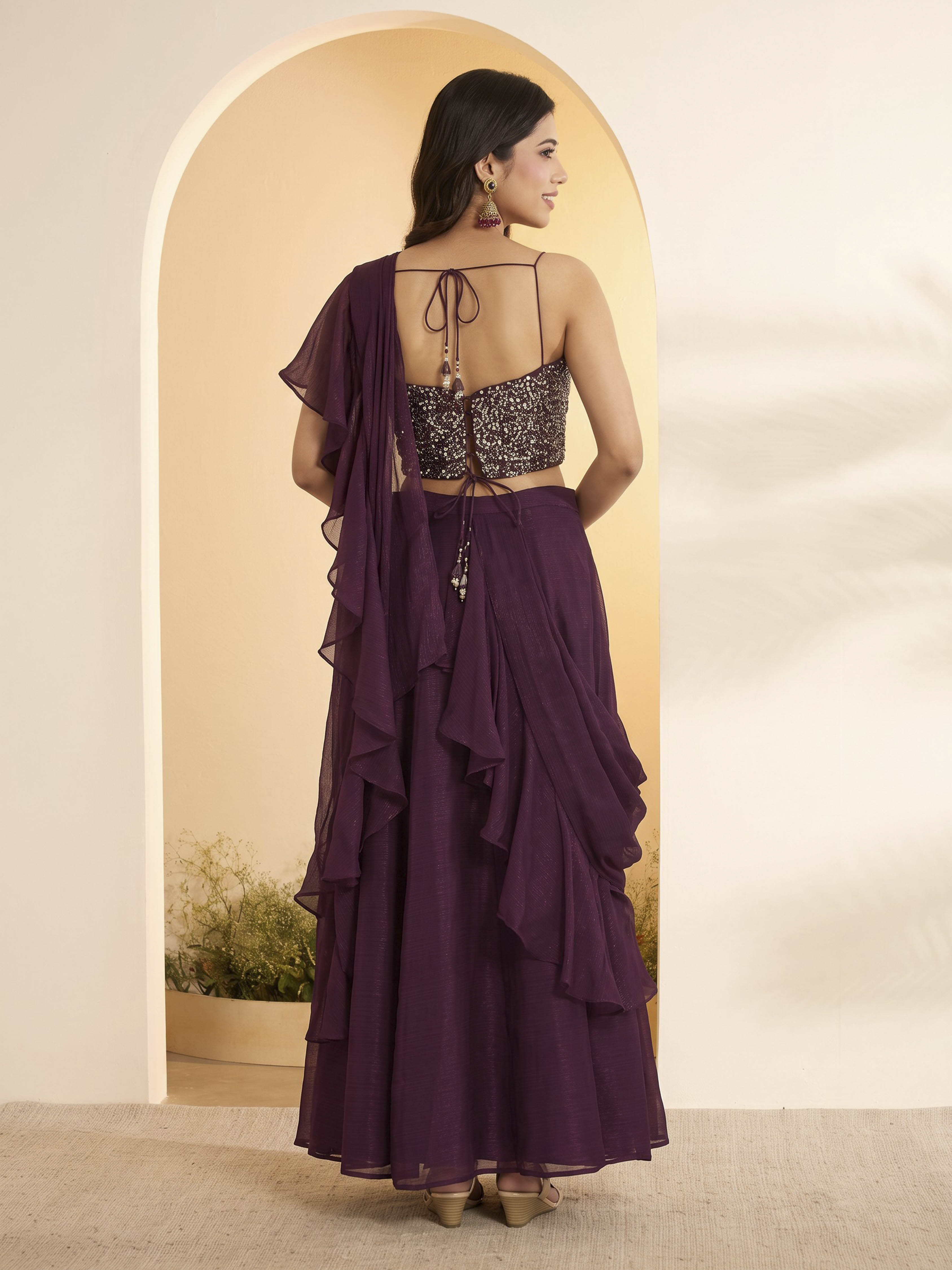 Wine Nylon Gathered Saree image number 4