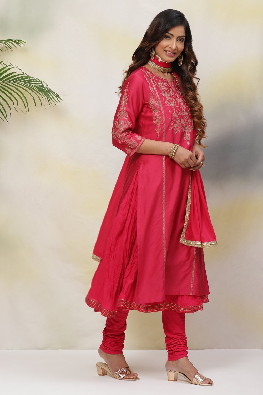 Crimson Red Cotton Silk Straight Kurta Churidar Suit Set image number 7