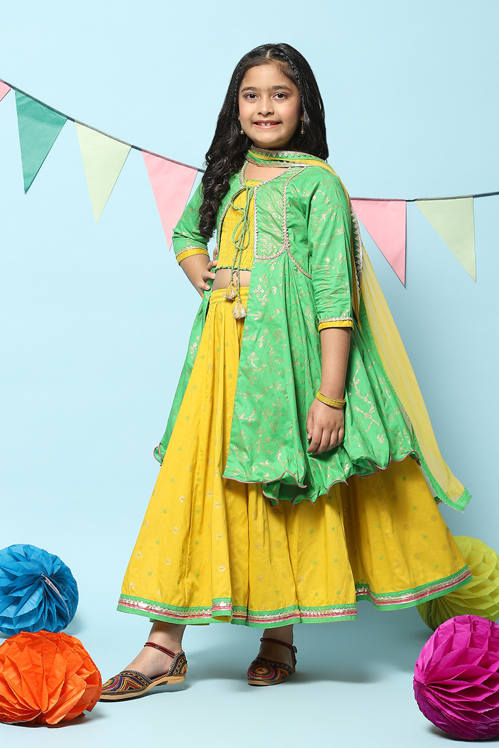 Green Cotton Printed Short Kurta Lehenga Set image number 6