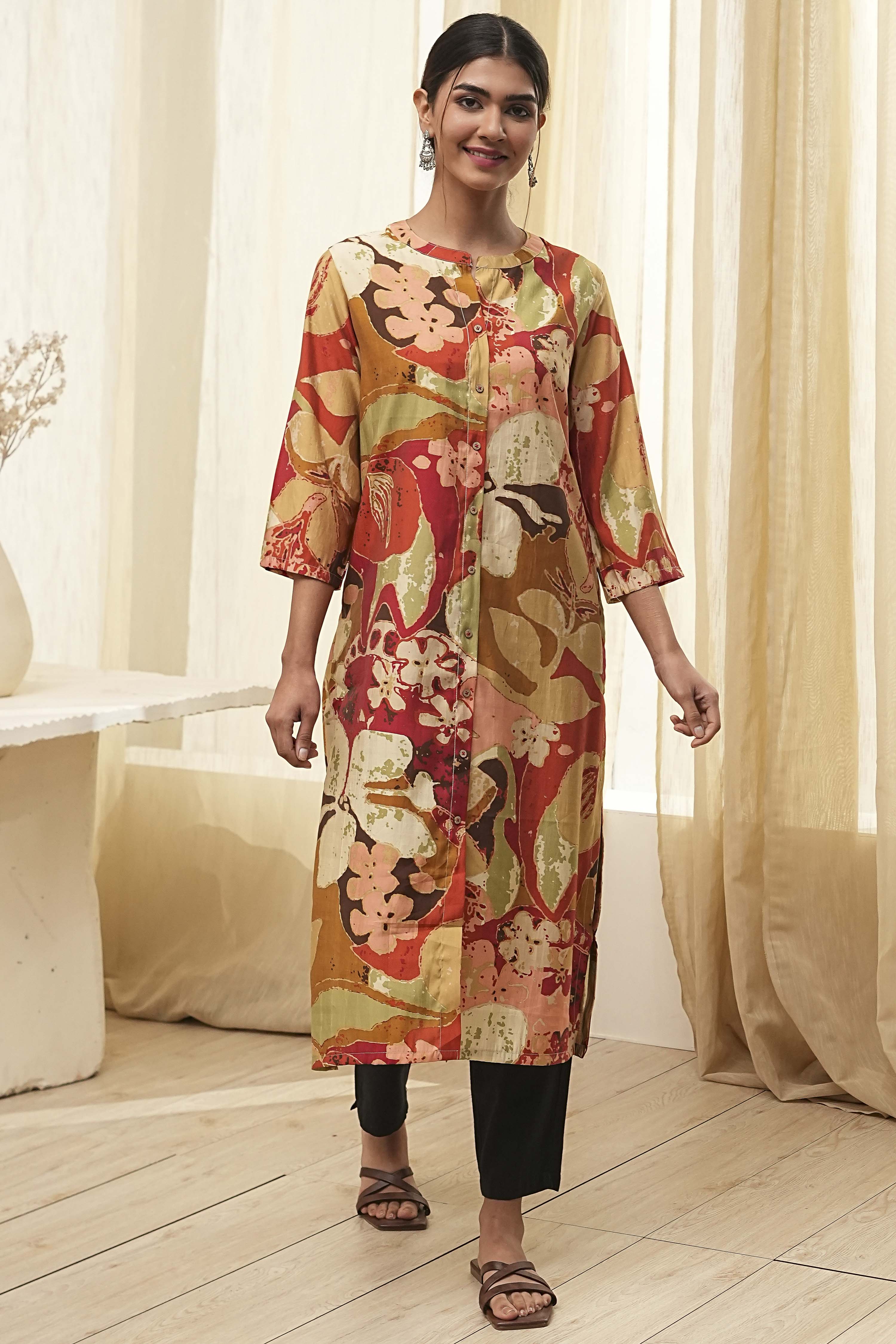 Rust Printed Straight Kurta image number 5