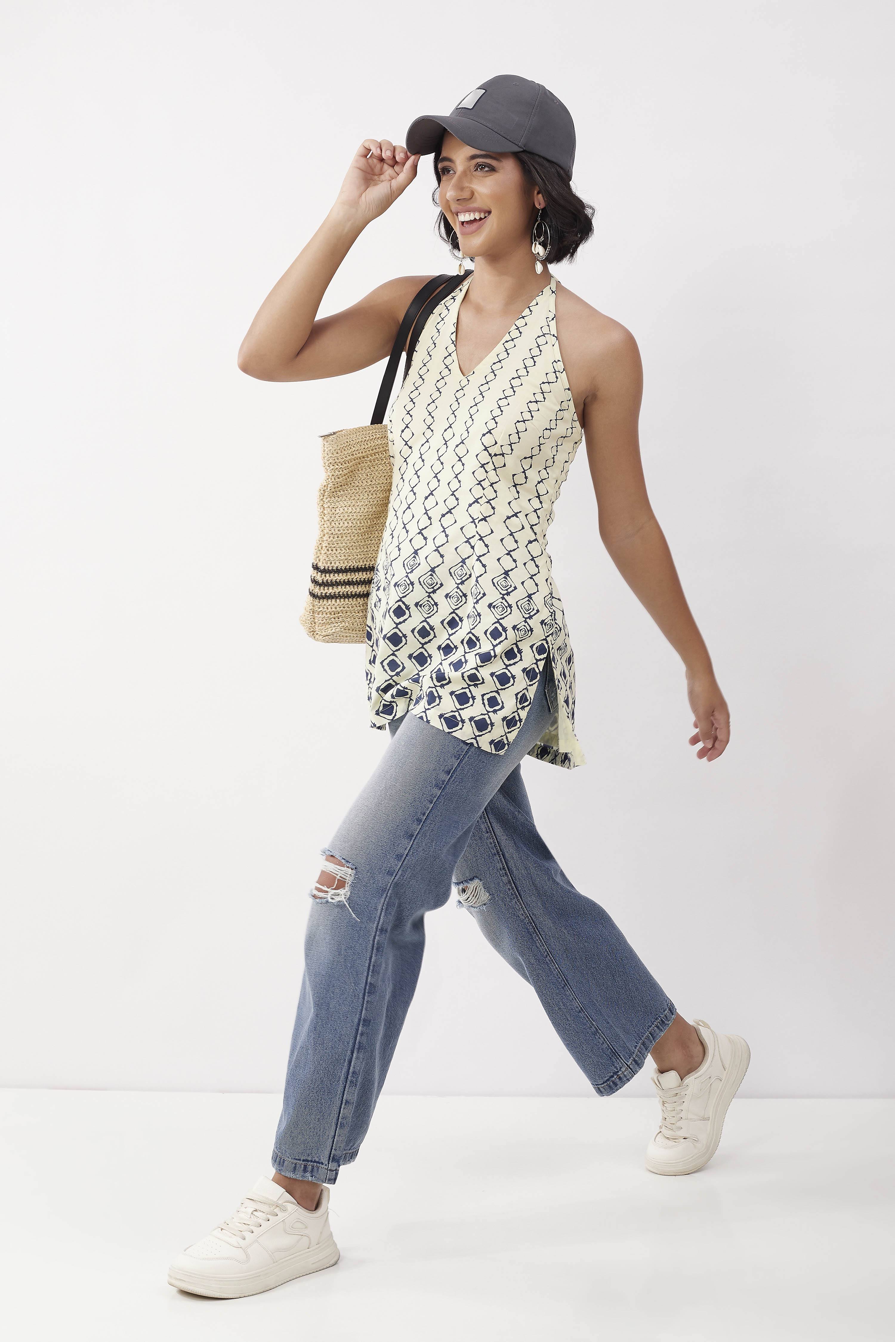 Ivory Cotton Printed A Line Short Kurti image number 0