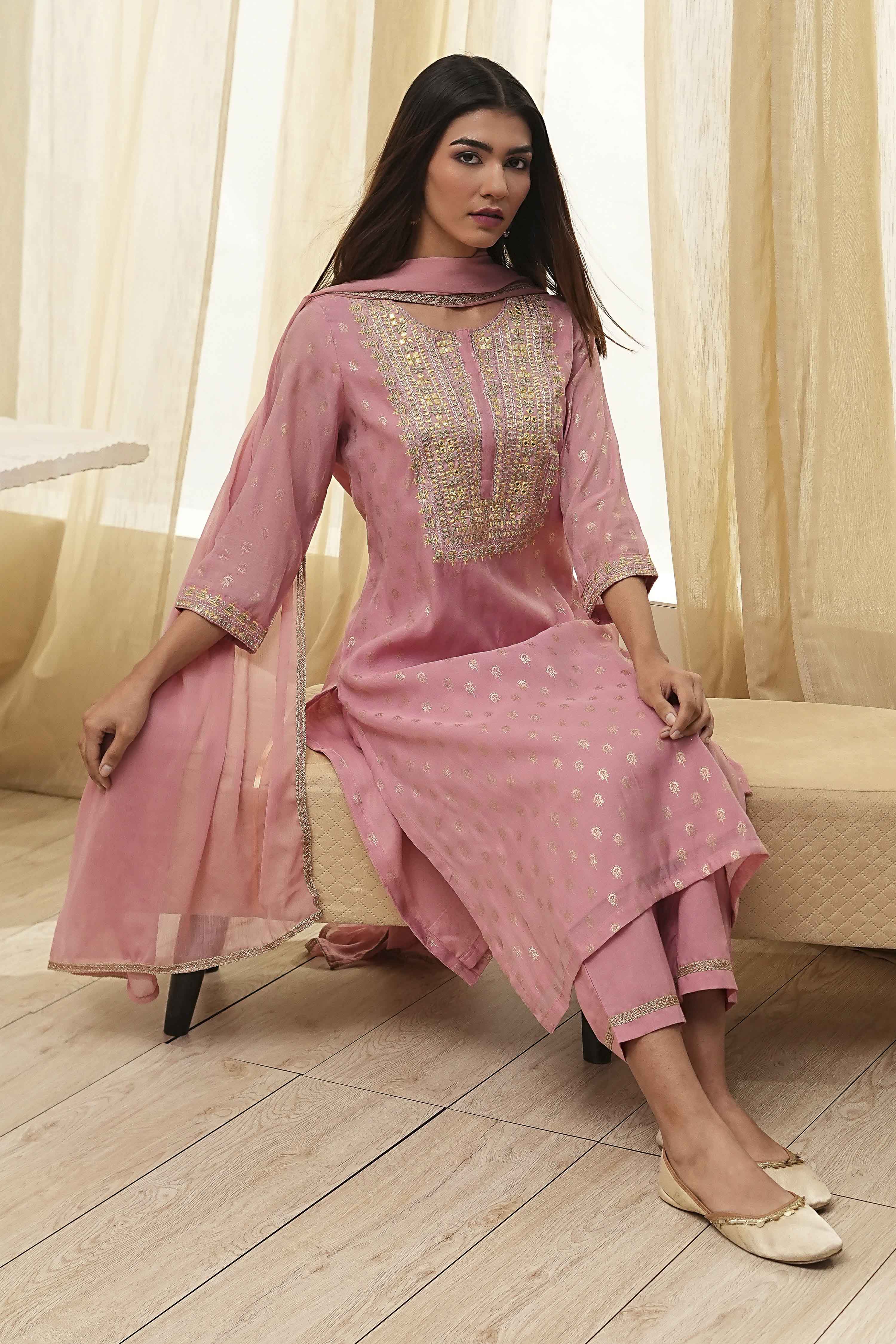 Dull Pink Embroidered Straight Suit Set image number 0