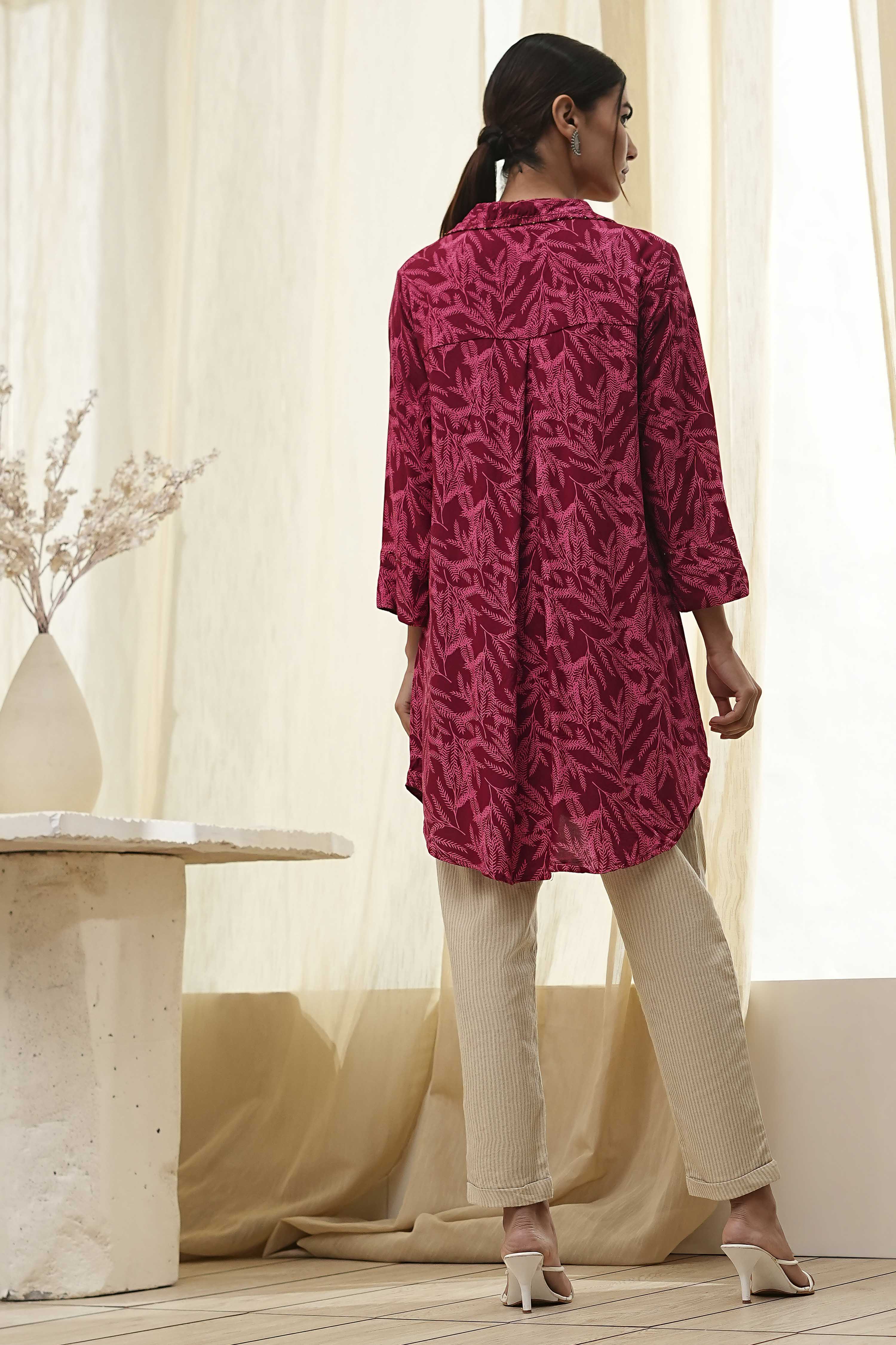 Red Printed Shirt-Style Short Kurta image number 3