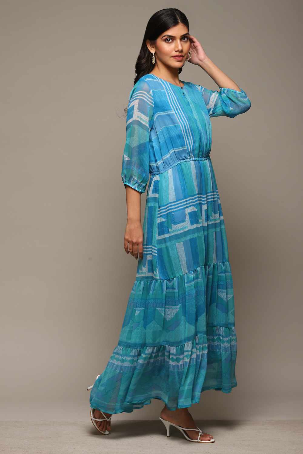 Buy Blue Cotton Blend Tiered Printed Dress for INR1799.40 |Biba India