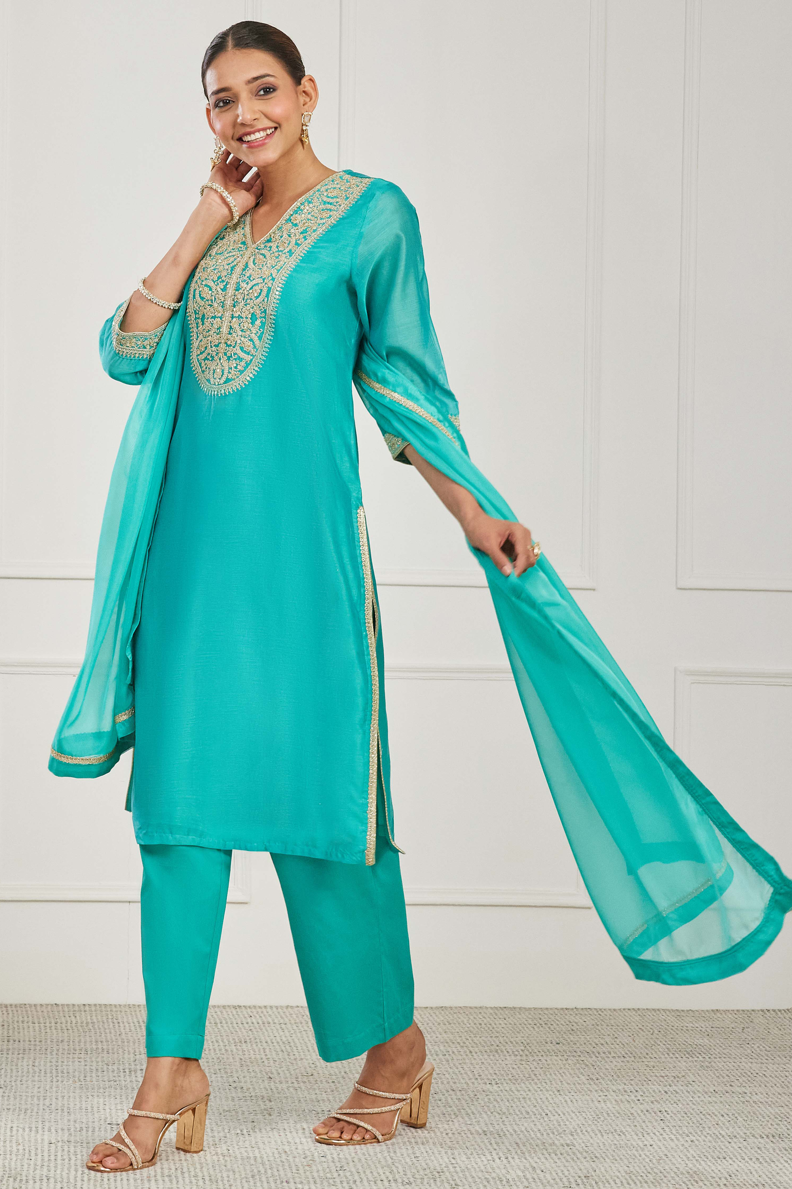 Turquoise Cotton Silk Straight Suit Set image number 3