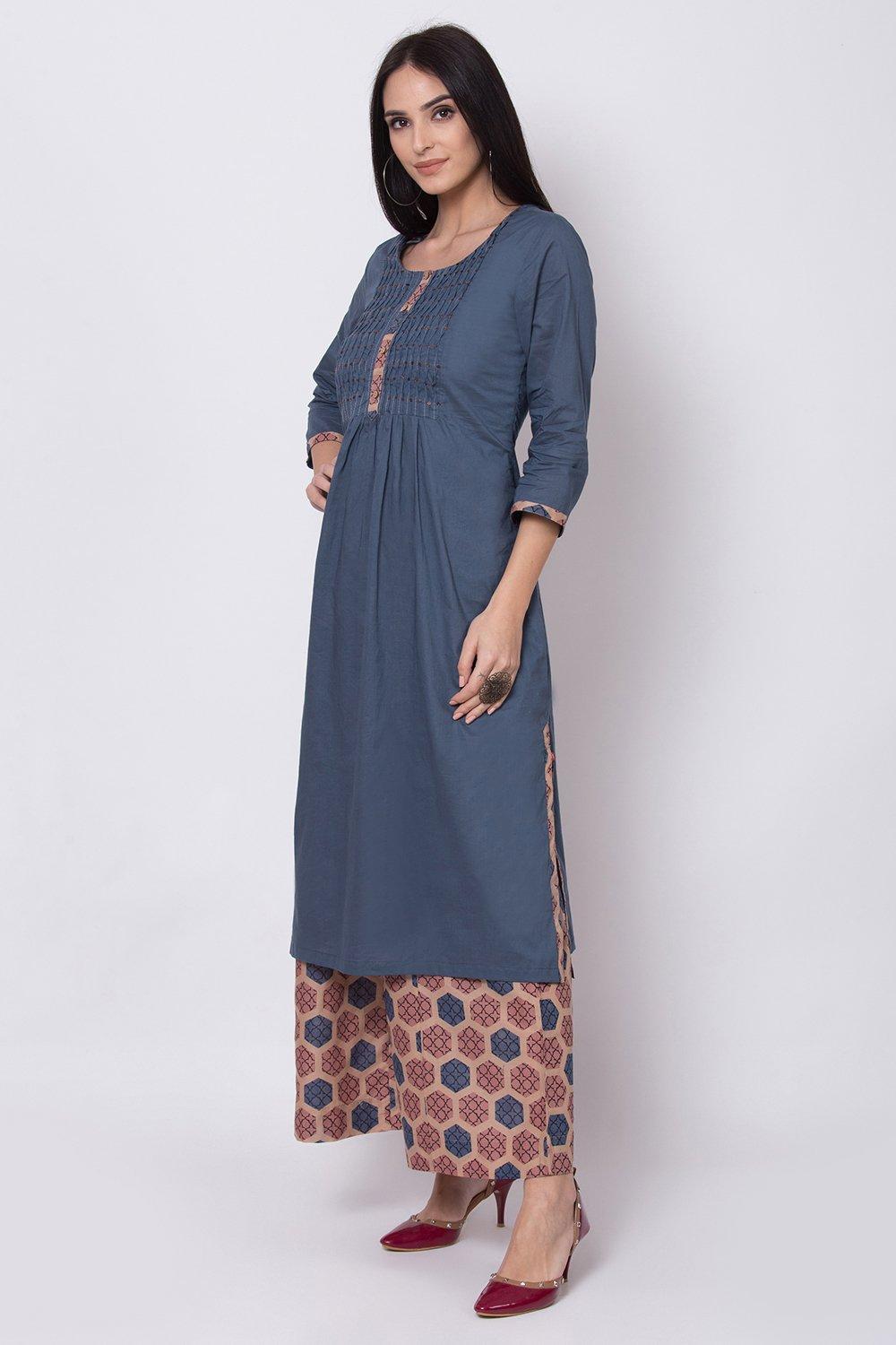 Dark Blue Flared Kurta Palazzo Suit Set image number 2