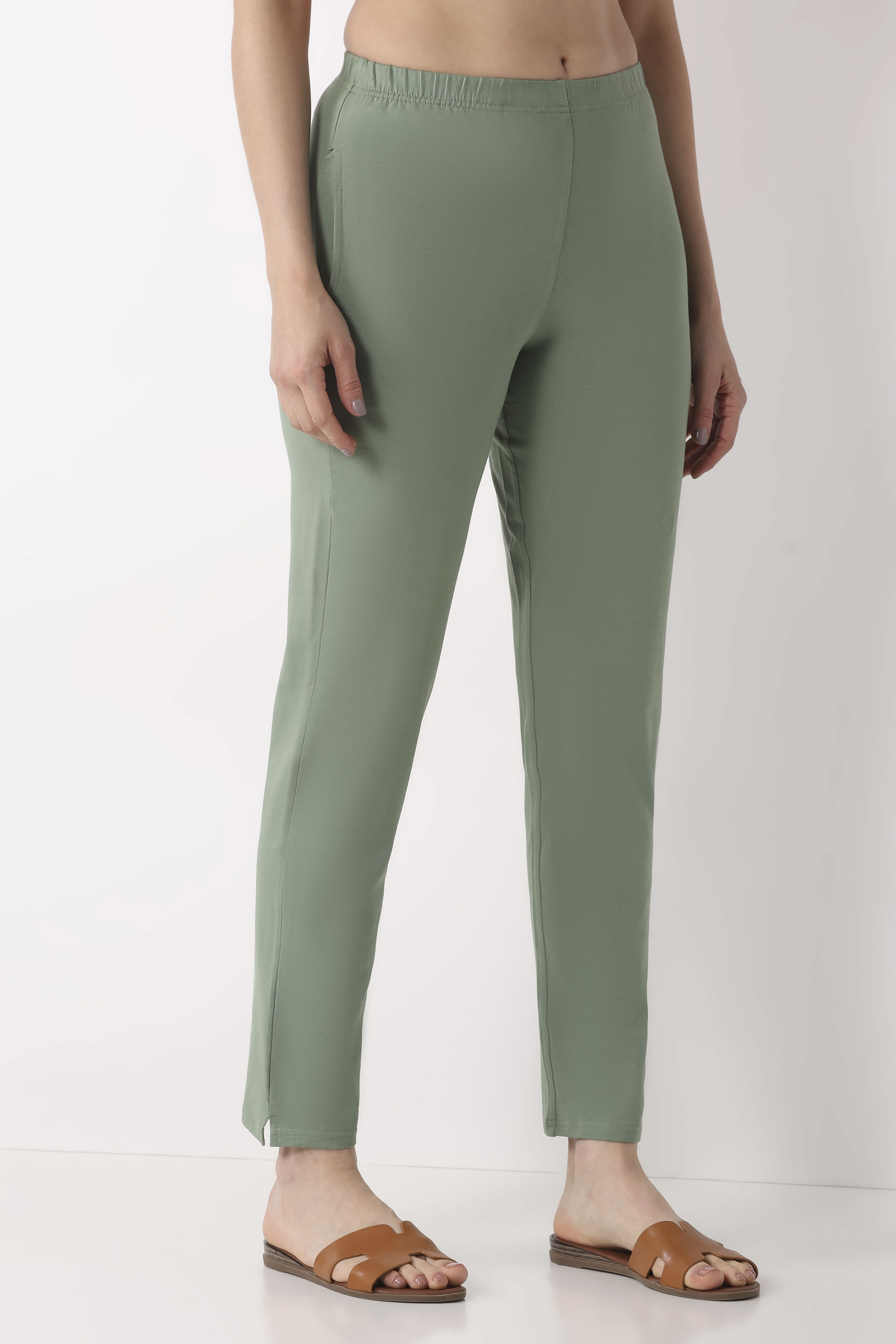 Navy Blue Solid Cotton Lycra Straight Pants image number 3