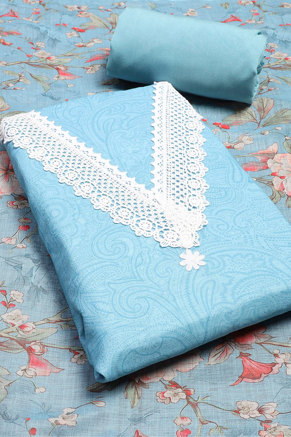 Sky Blue Linen Unstitched Suit Set image number 1