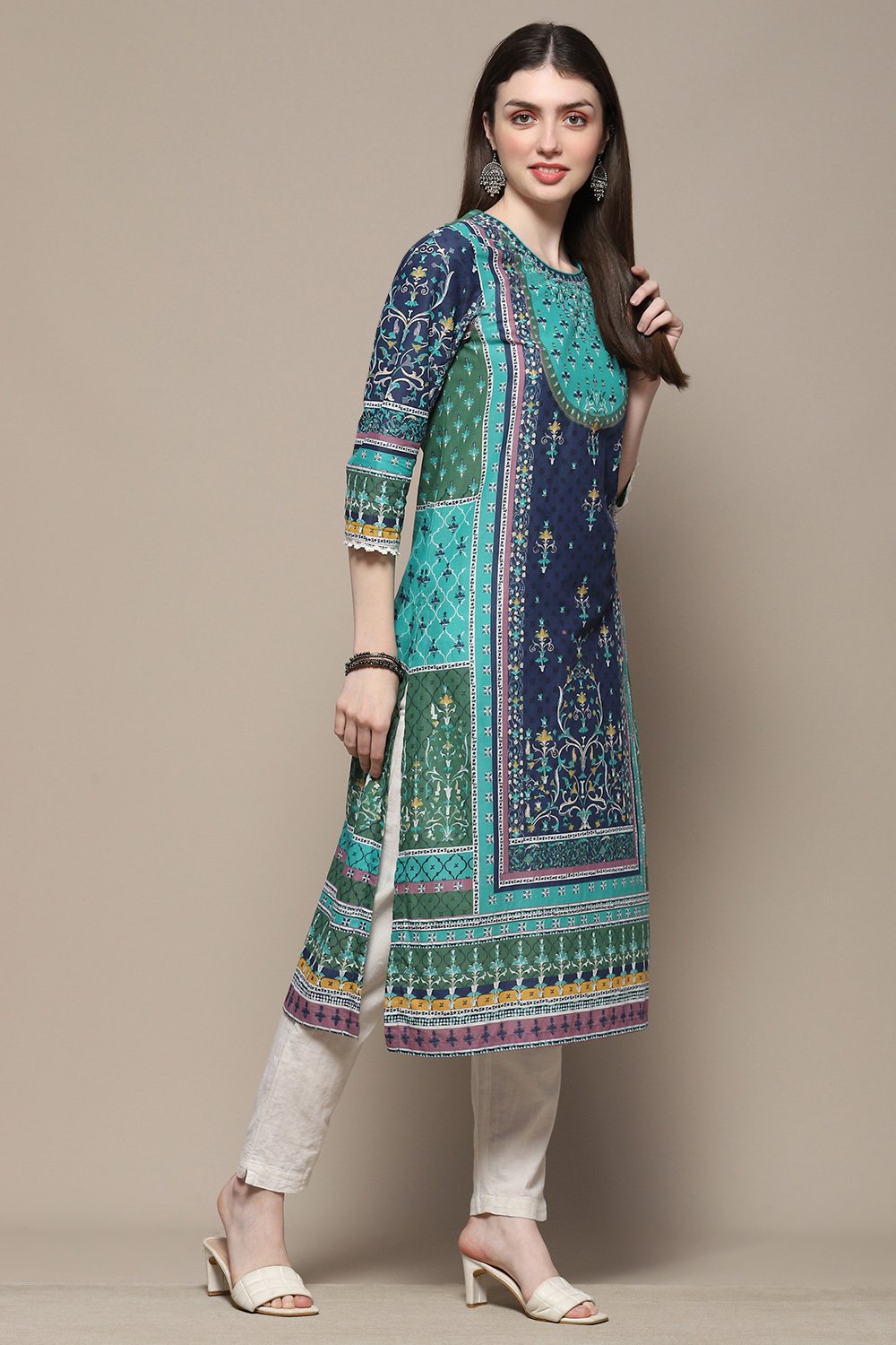 Teal Cotton Straight Kurta image number 4