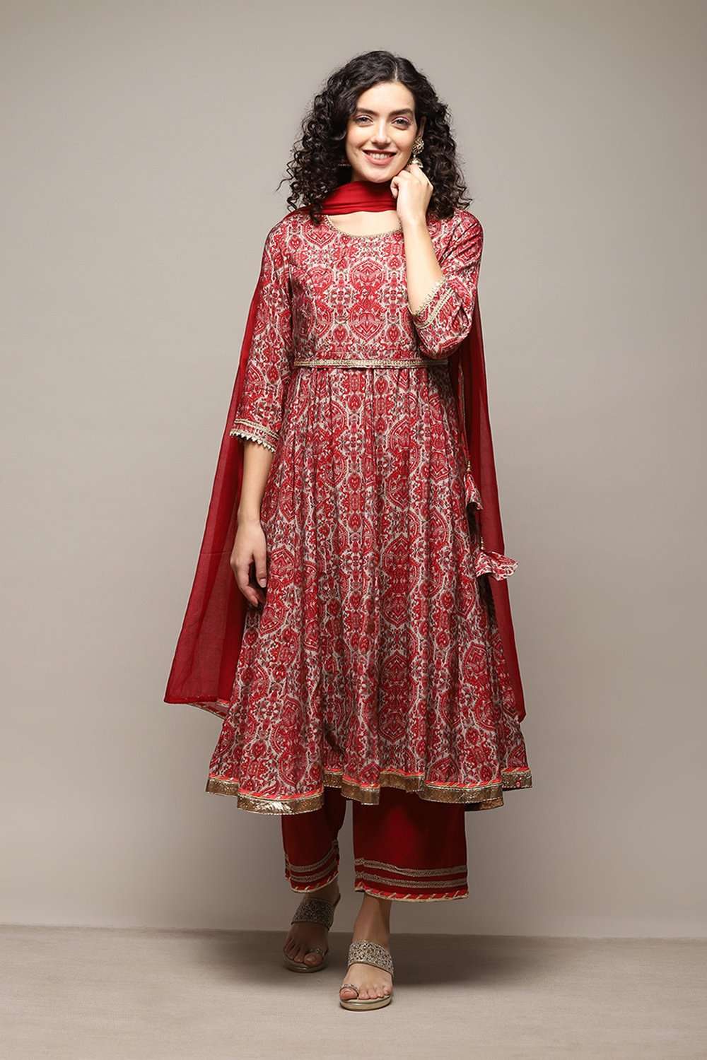 Red Poly Viscose Anarkali Kurta Palazzo Suit Set image number 7