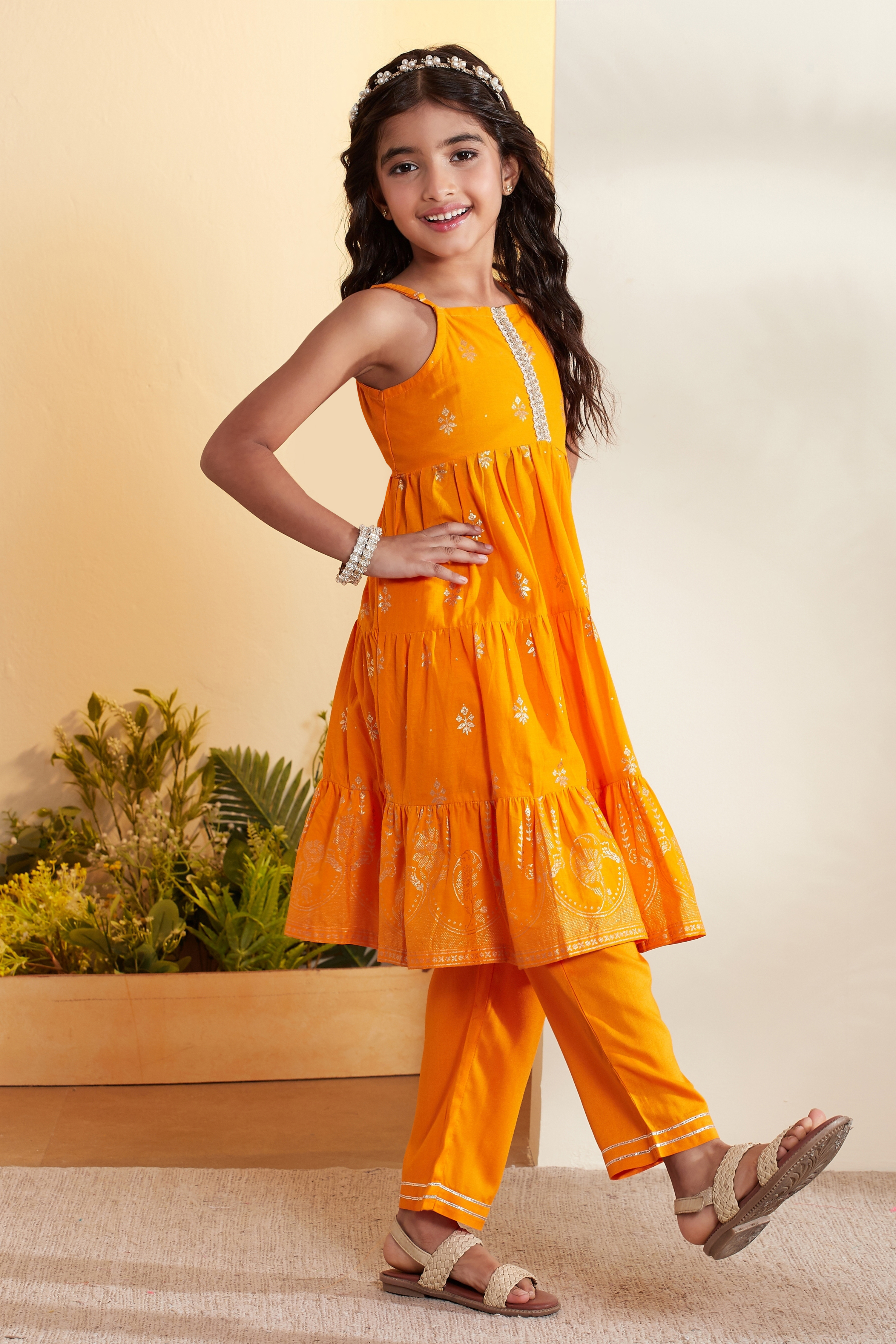 Orange Printed Cotton Tiered Kurta Set image number 4