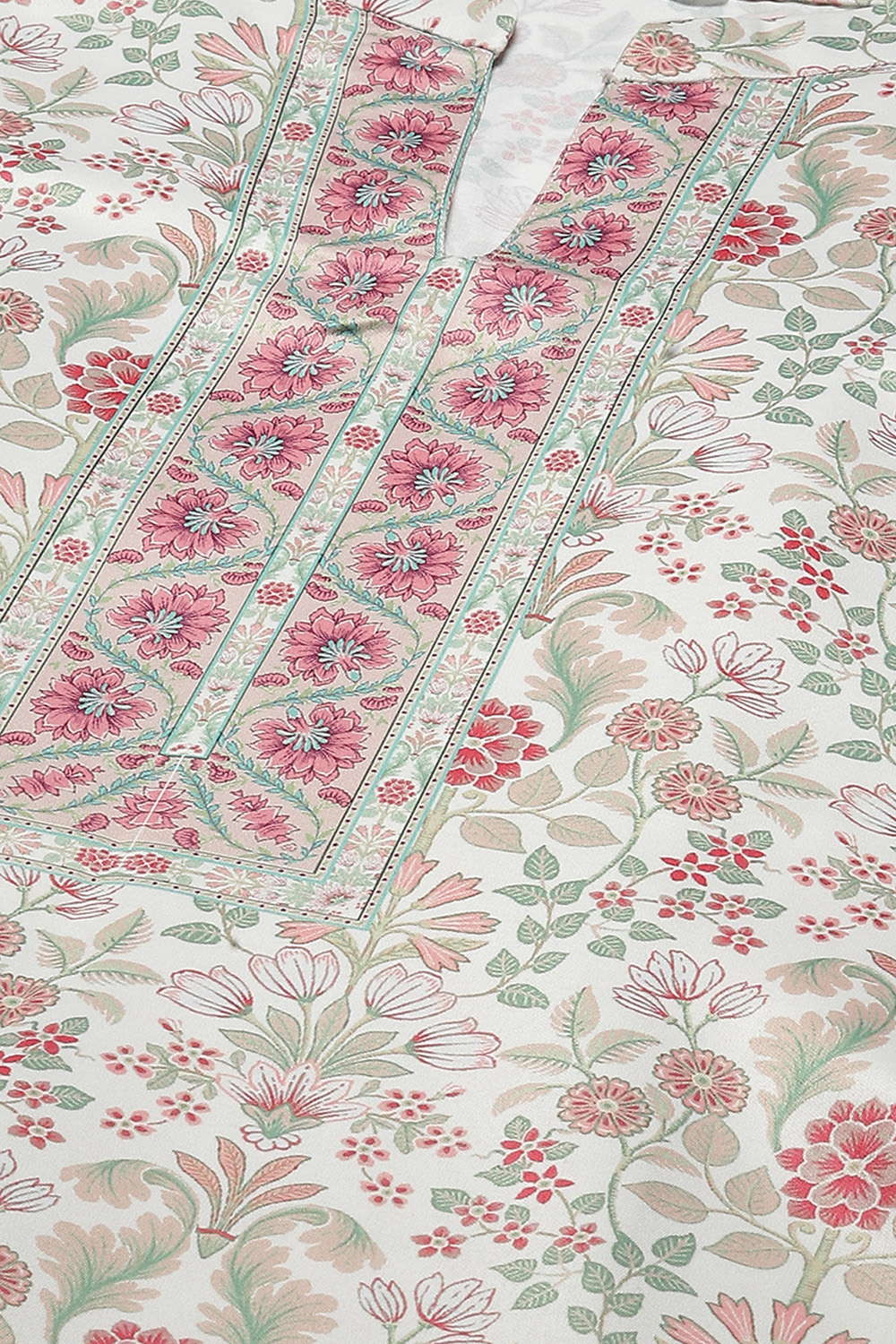Off White Cotton Screen Print Unstitched Suit Set image number 15