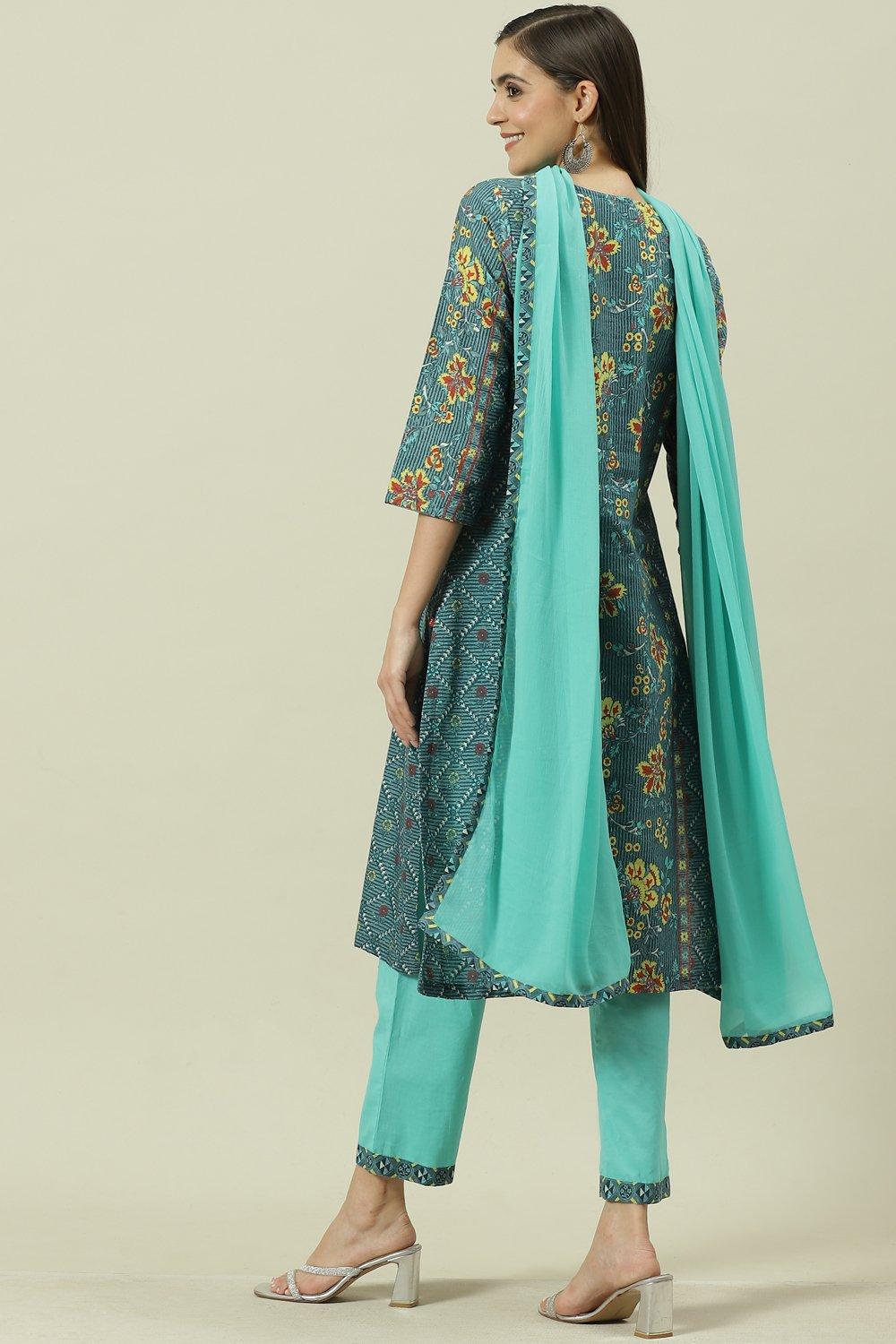 Blue Printed Straight Kurta Regular Pants Suit Set image number 4