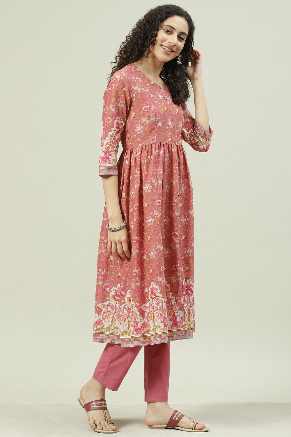 Dusky Pink Printed Cotton Gathered Suit Set image number 5