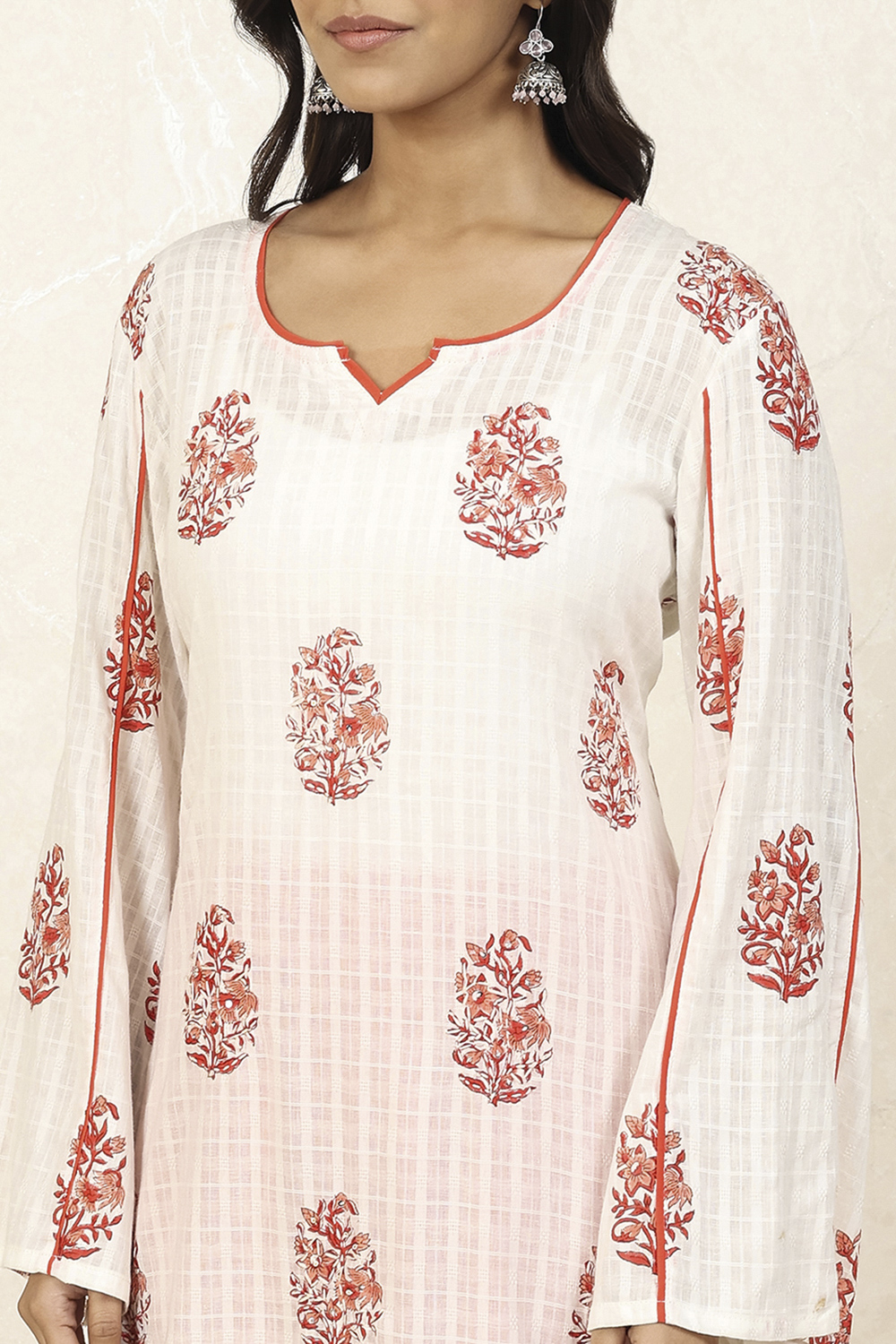 Red Cotton Hand Block Print Unstitched Suit Set image number 2
