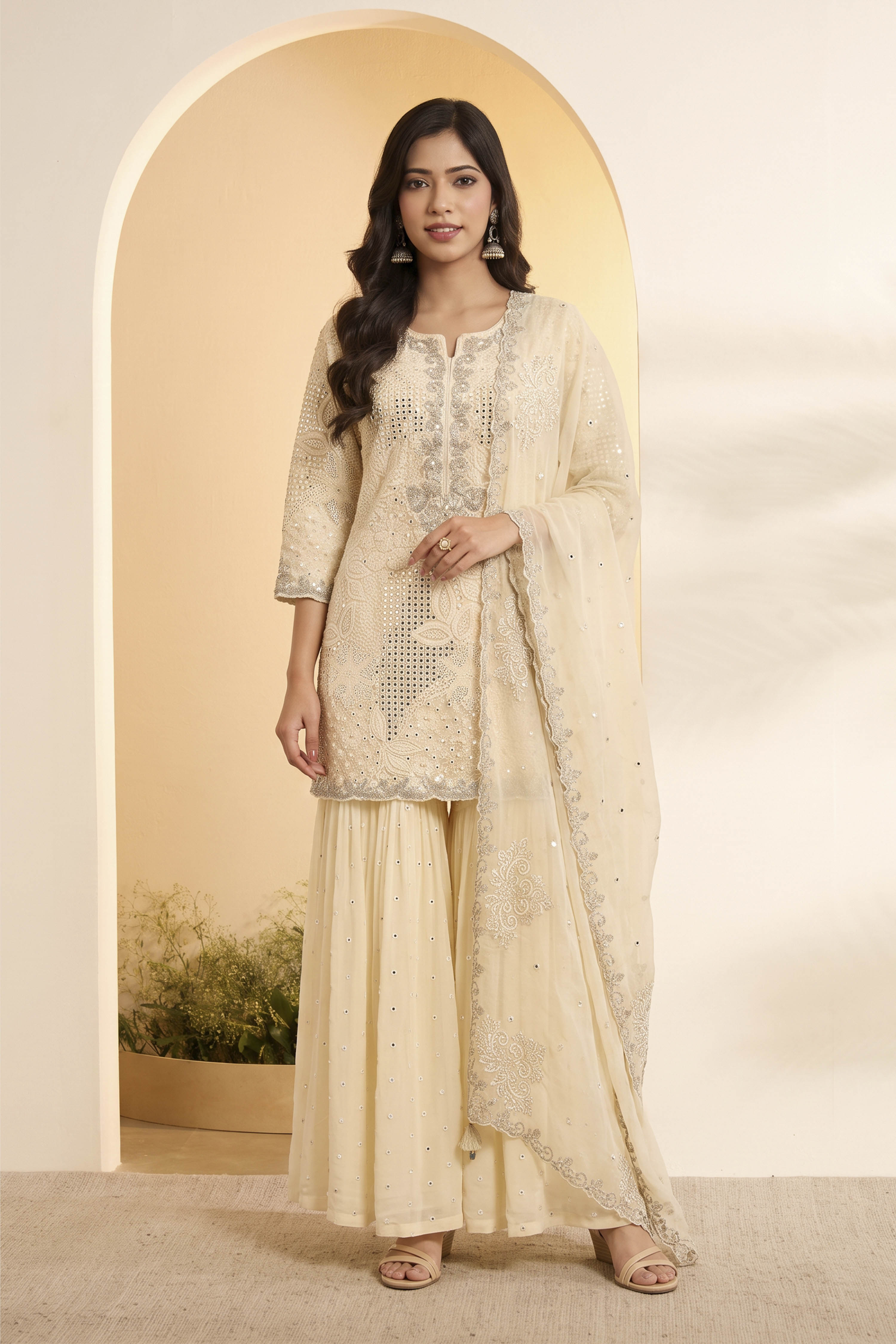 Powder Blue Butterfly Net Embroidered Sharara Suit Set image number 5