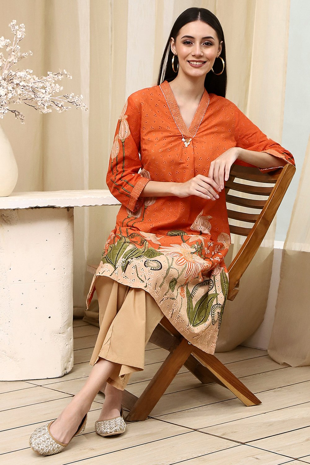 Orange Cotton Blend Straight Kurta image number 0