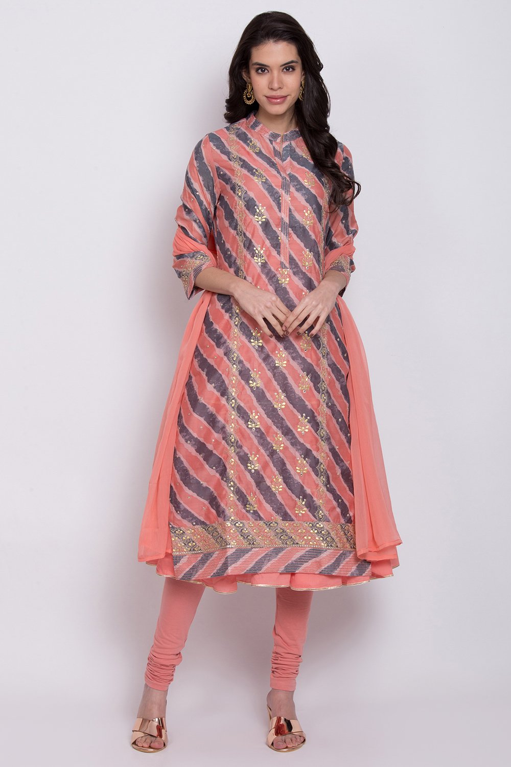 Peach Art Silk A-Line Kurta Churidar Suit Set image number 0