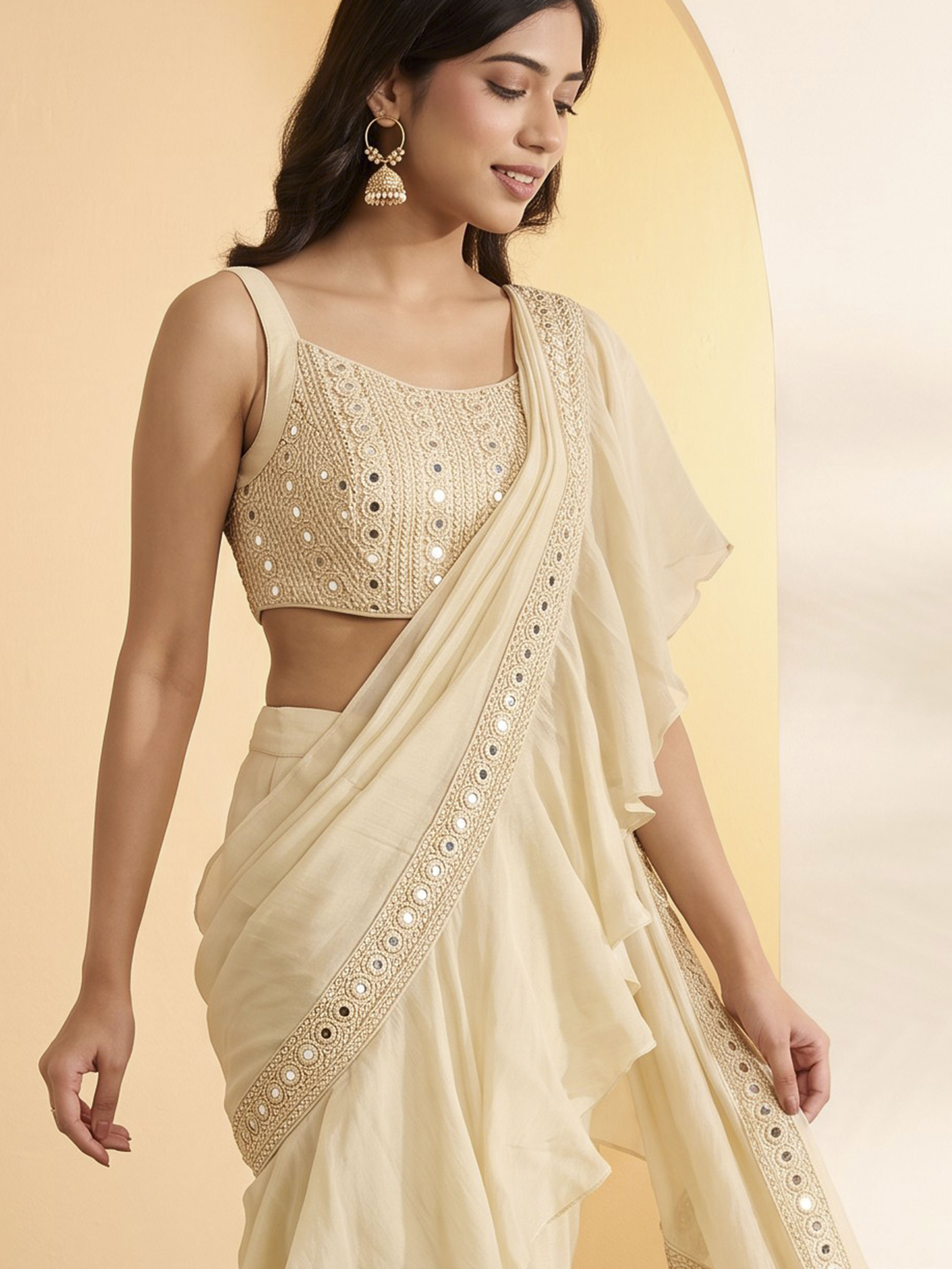 Ivory Viscose Rayon Gathered Saree image number 1