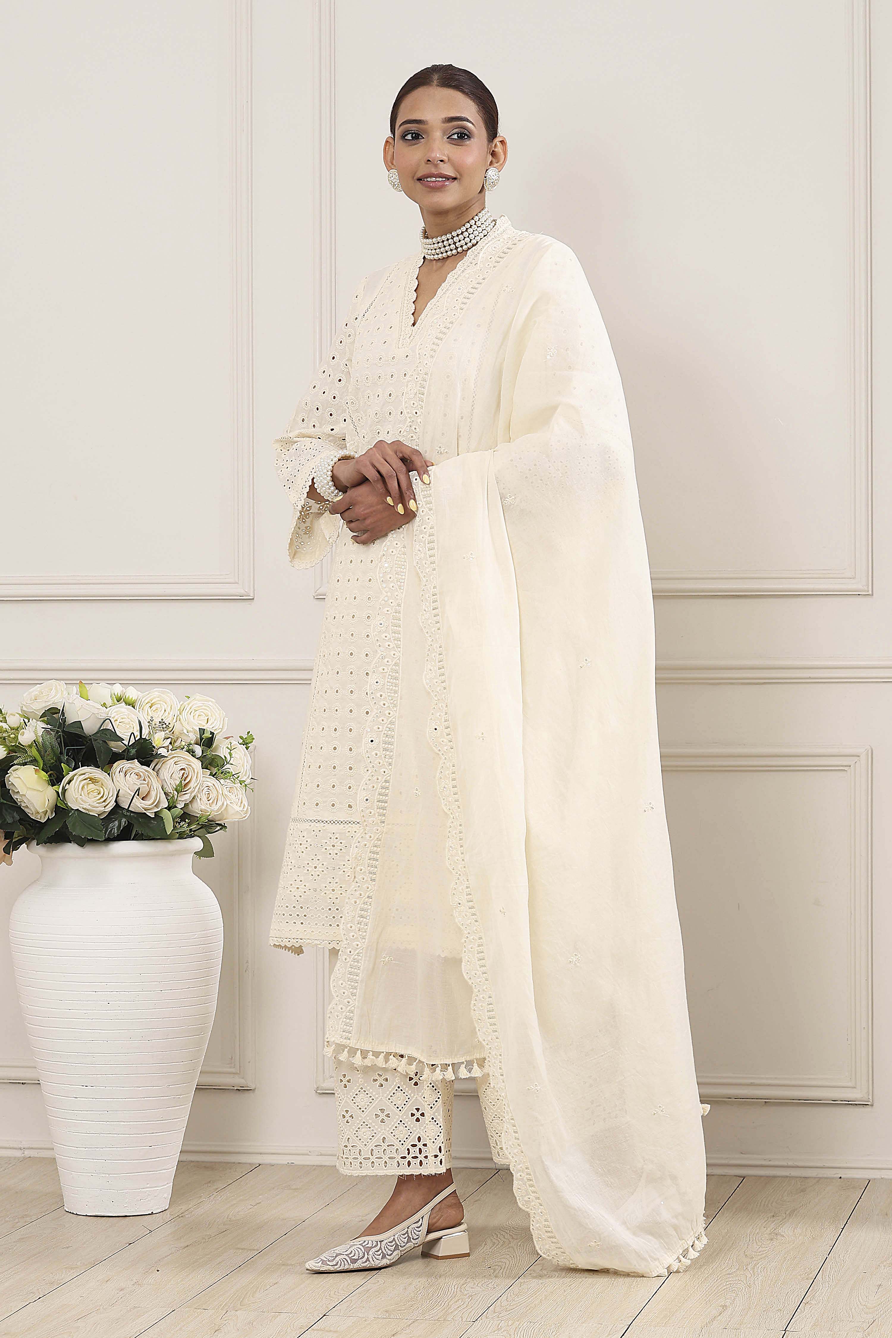 Cream-Toned Cotton Schiffli Straight Suit Set image number 2