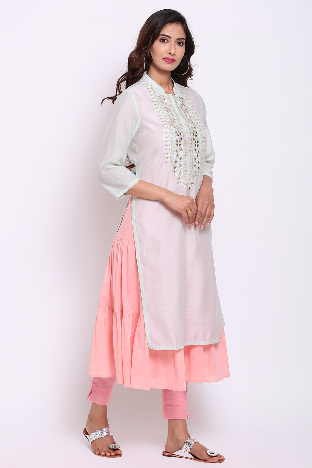 Mint Green Art Silk Double Layered Kurta image number 5