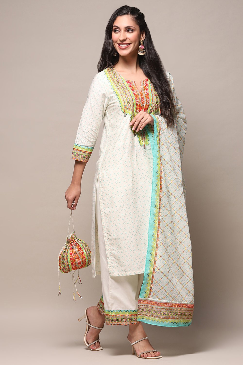 Cream Cotton Straight Suit Set image number 5