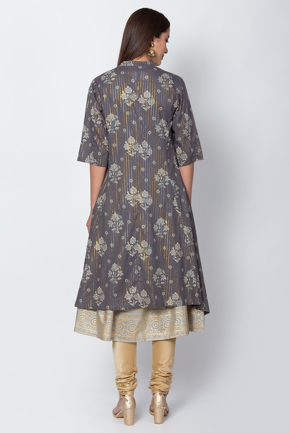 Light Grey Metallic Cotton Front Open Printed Kurta image number 5