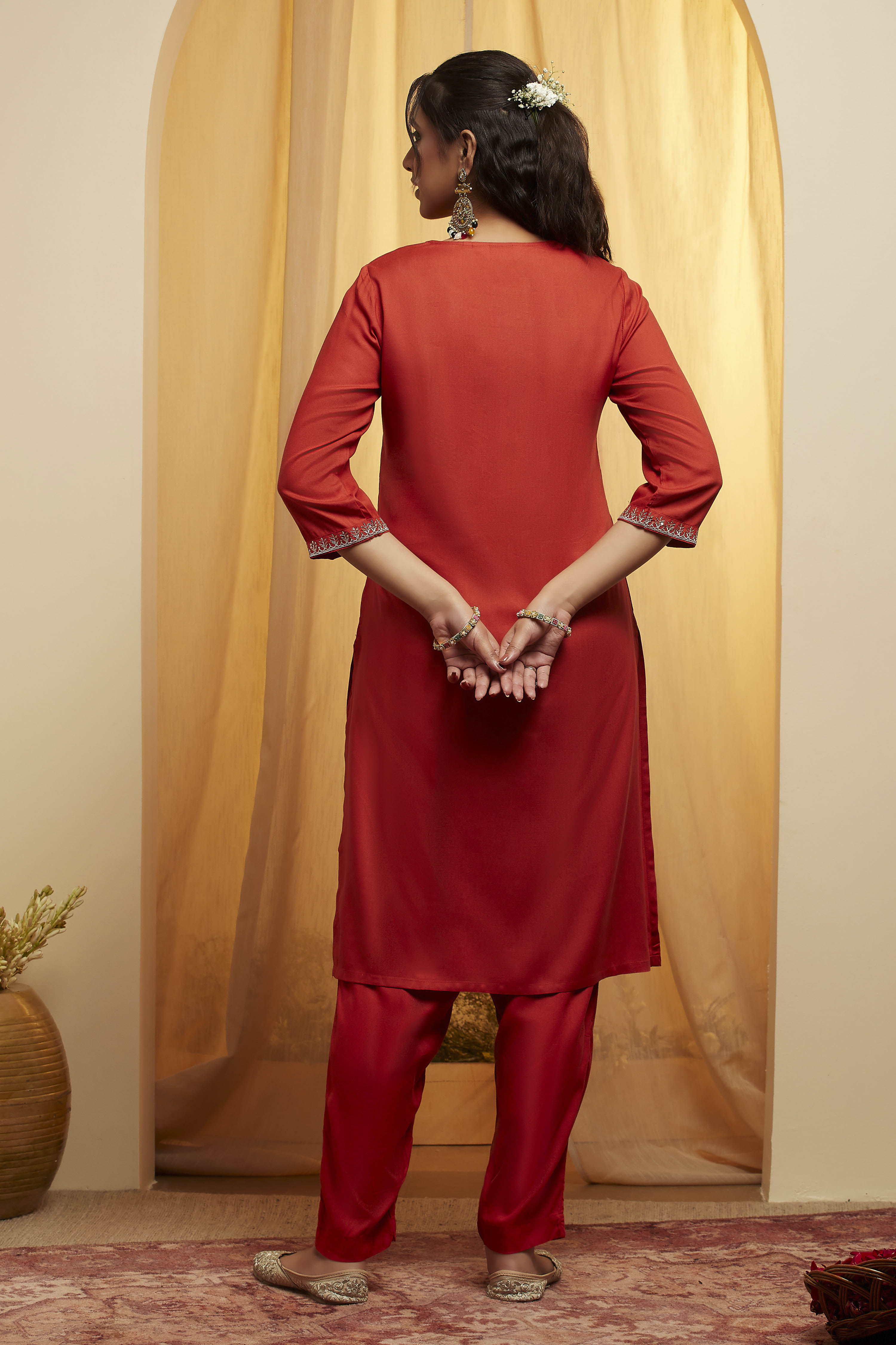 Red Solid Rayon Embroidered Yoke Kurta Set image number 5