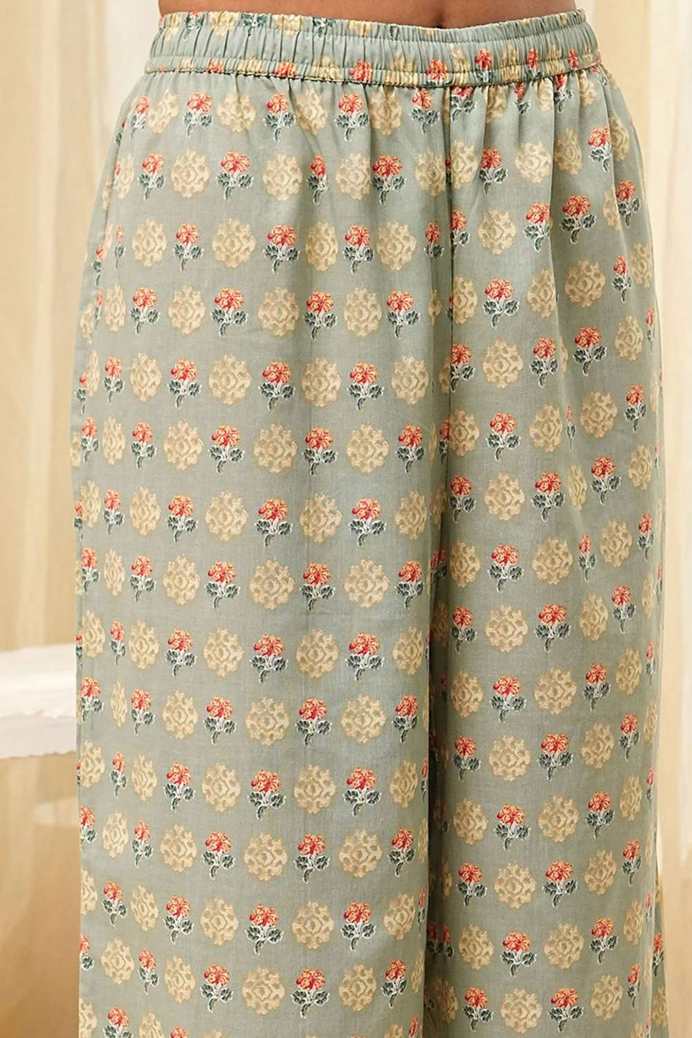 Sage Green Pure Cotton Floral Kalidar Suit Set image number 2
