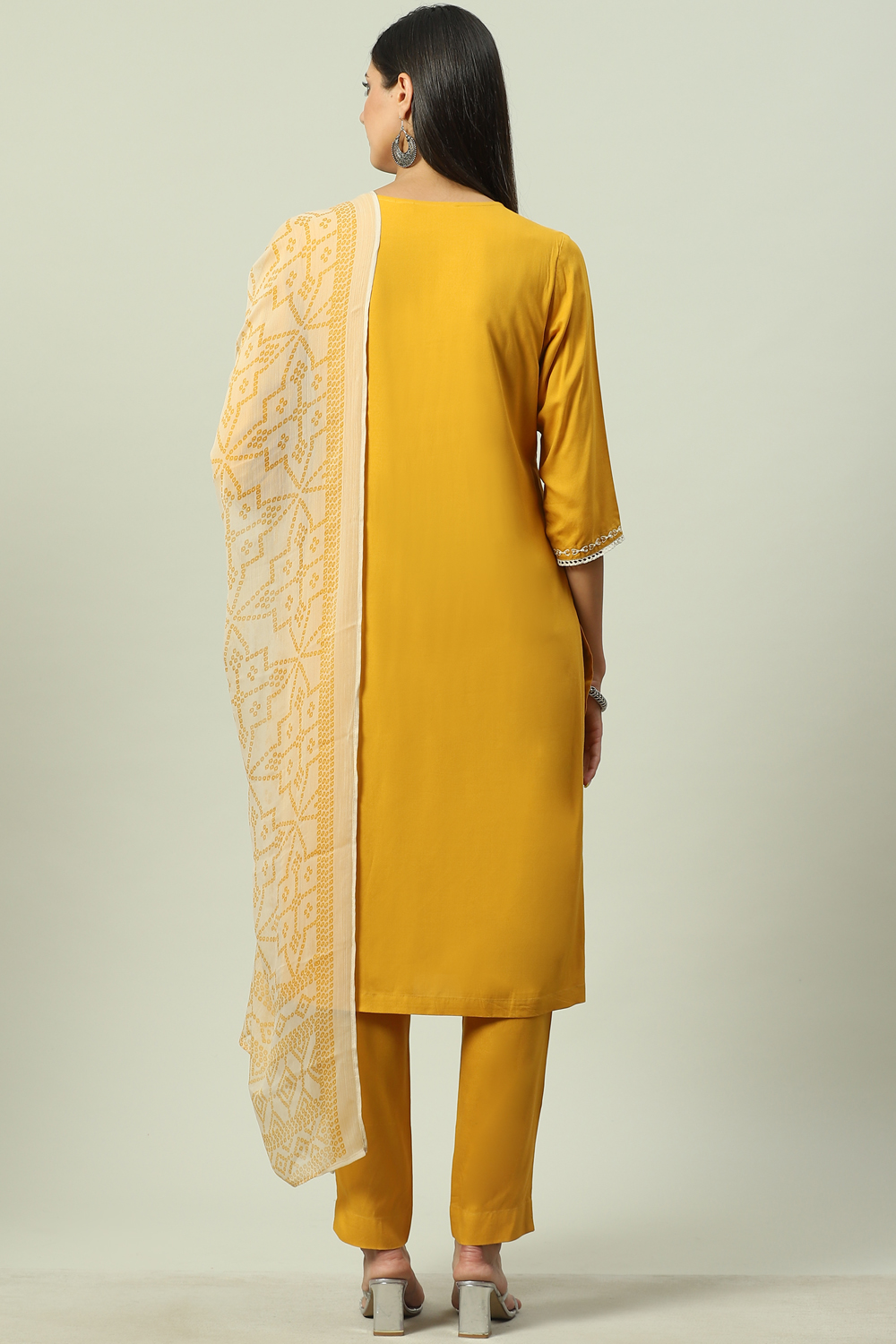 Yellow LIVA Straight Kurta Slim Pant Suit Set image number 4