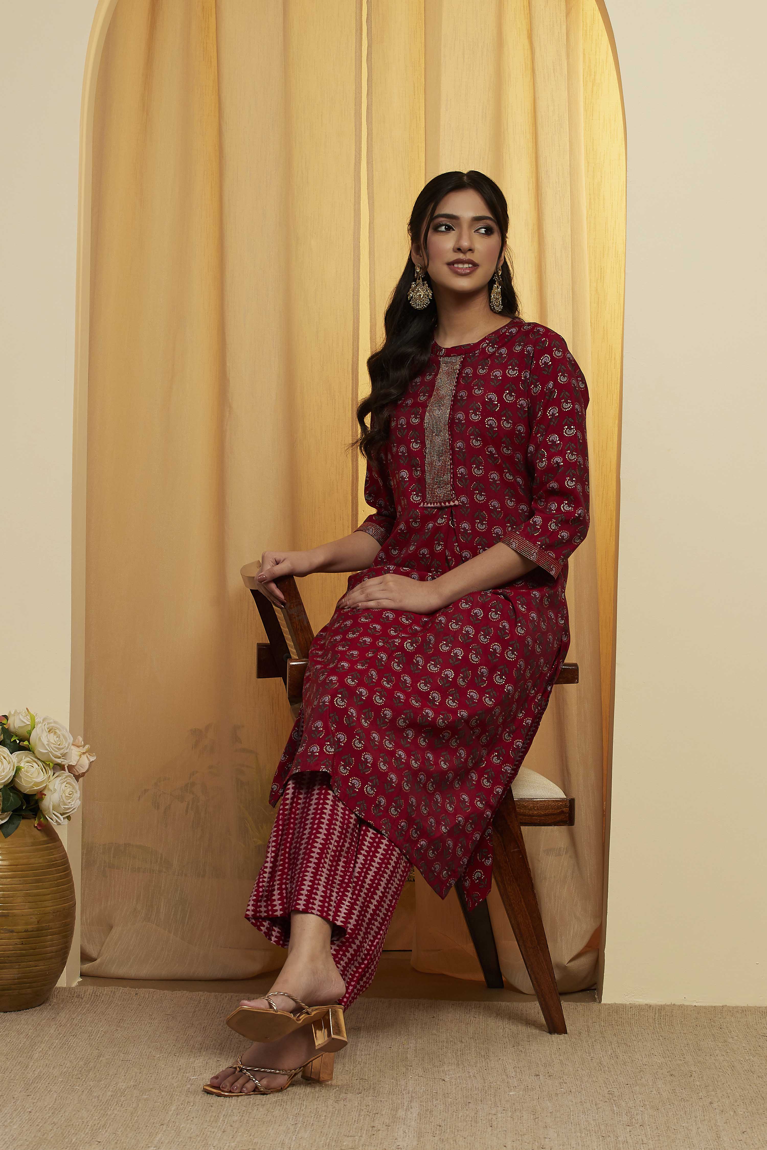 Maroon Polyster Blend Straight Kurta Pants Set image number 0