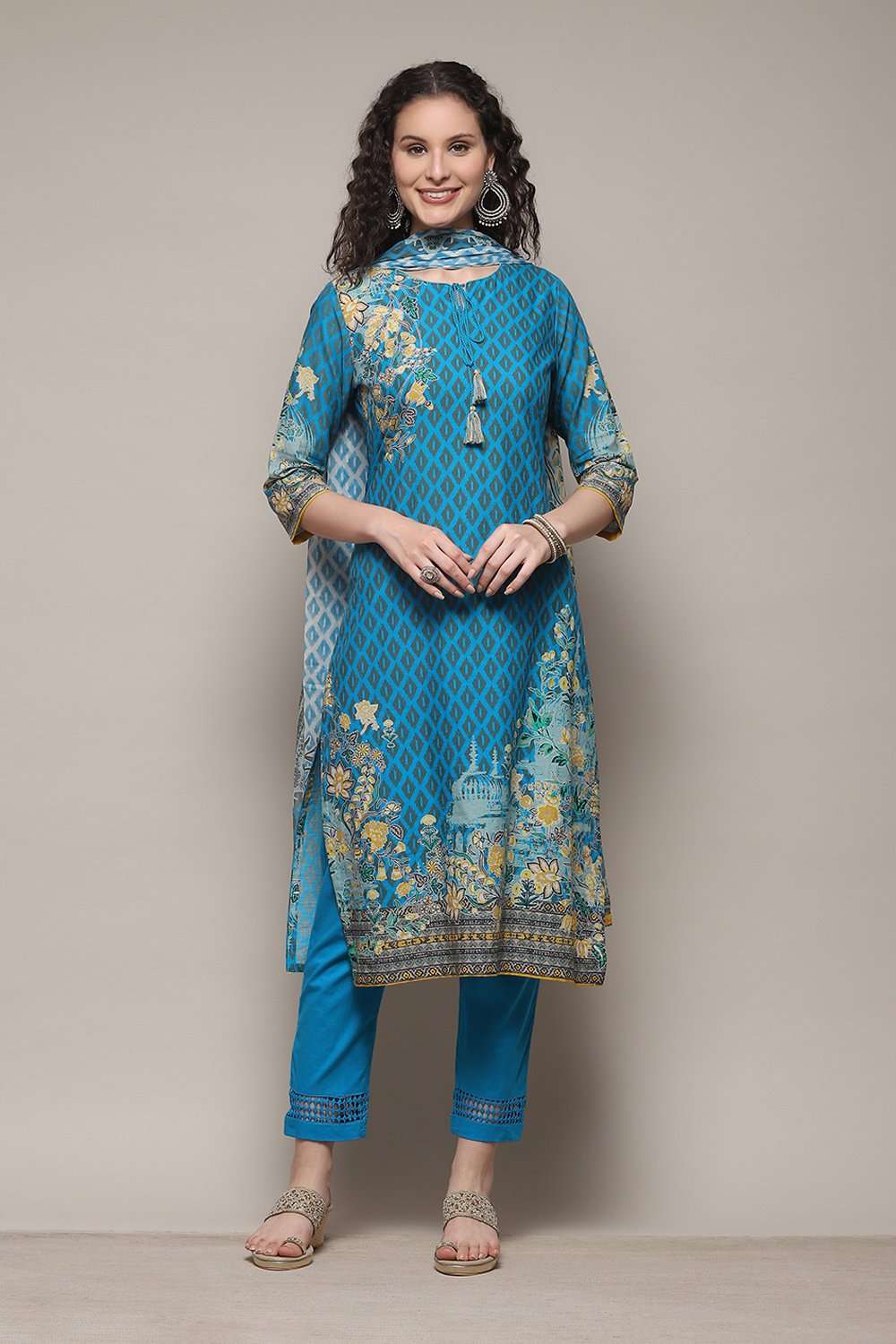 Turquoise Cotton Straight Printed Kurta Ankle Length Suit Set image number 0