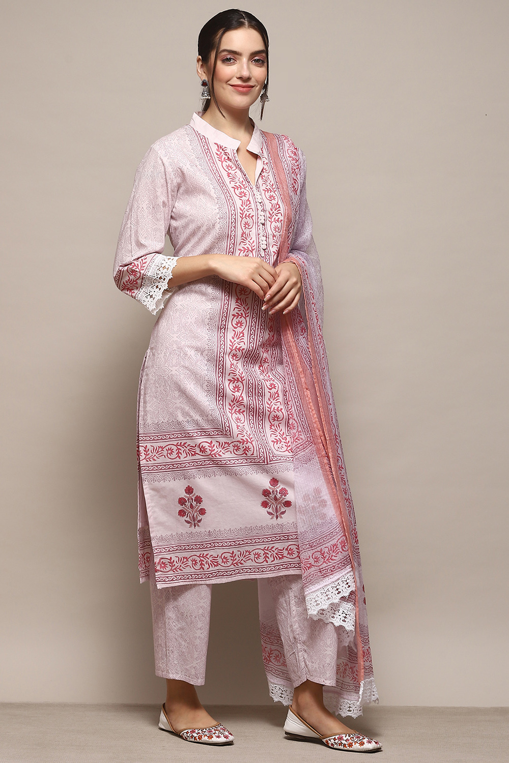 Pink Cotton Machine Embroidered Unstitched Suit Set image number 7