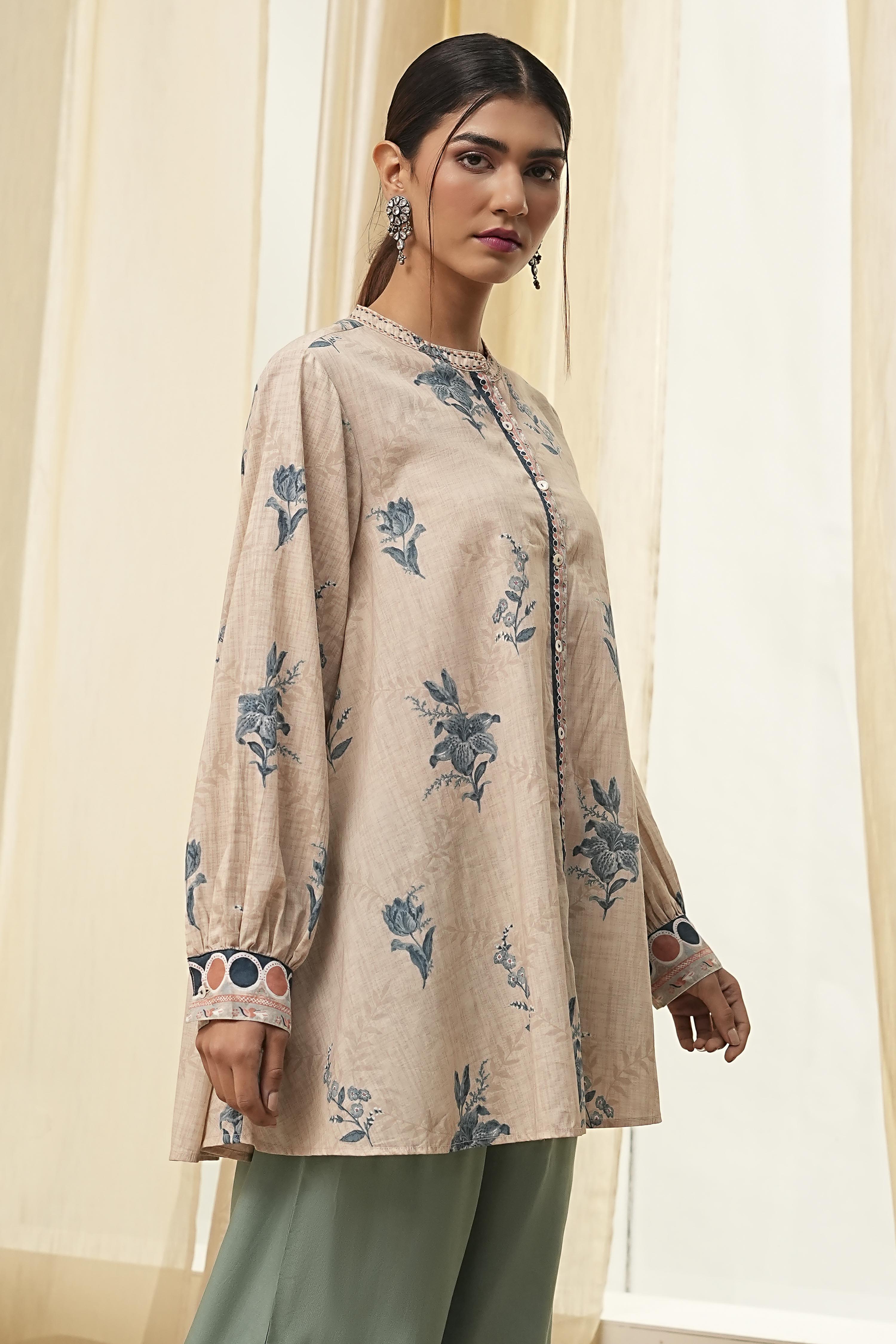 Beige Pure Cotton Shirt-Style A-Line Short Kurta image number 4