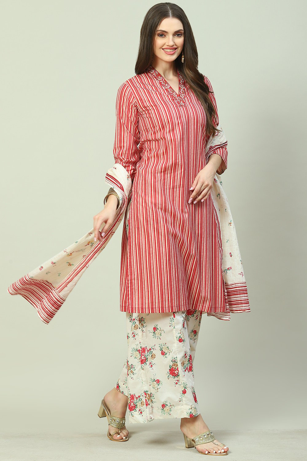 Red Cotton Straight Kurta Palazzo Suit Set image number 7