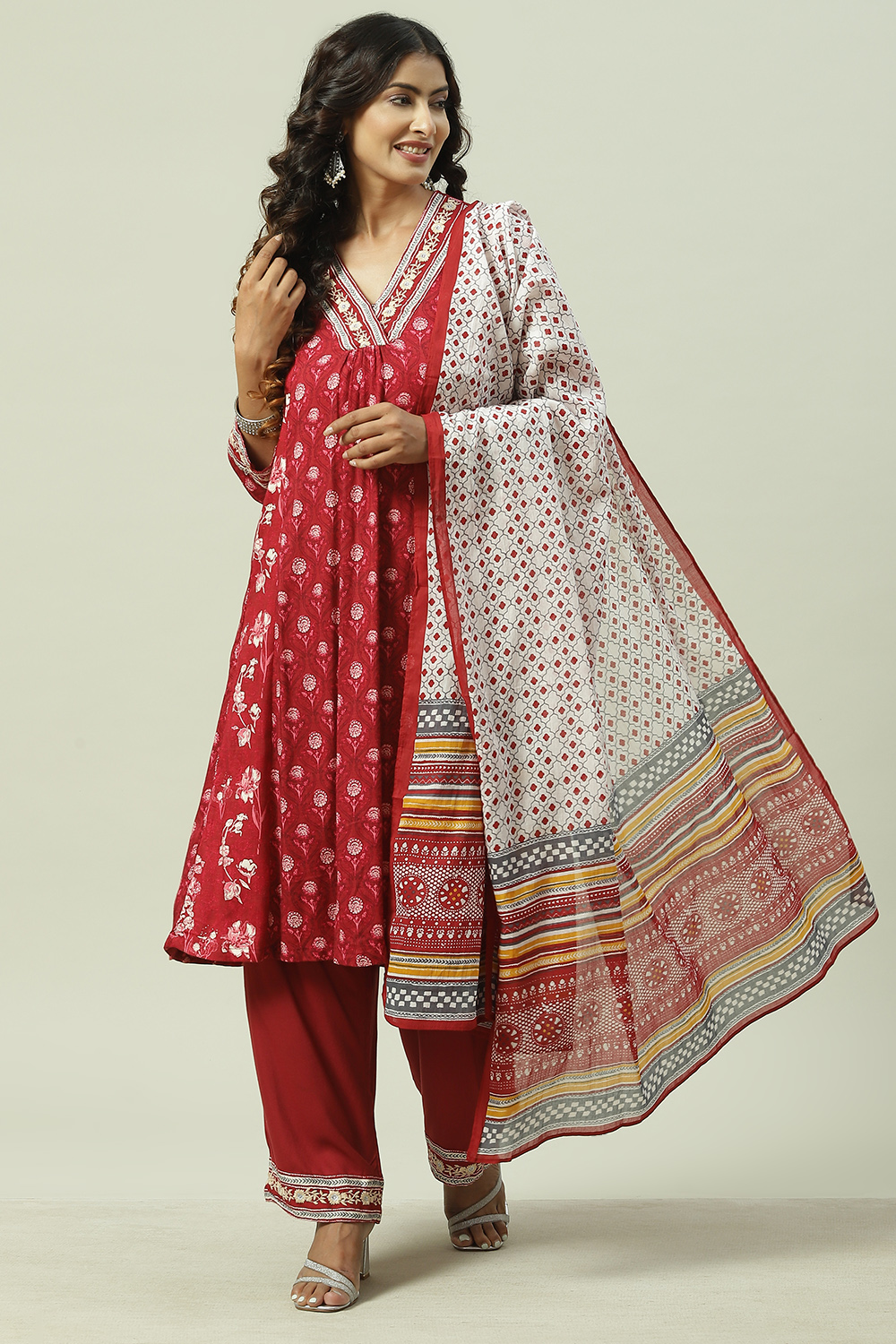 Red LIVA A-Line Kurta Palazzo Suit Set image number 6