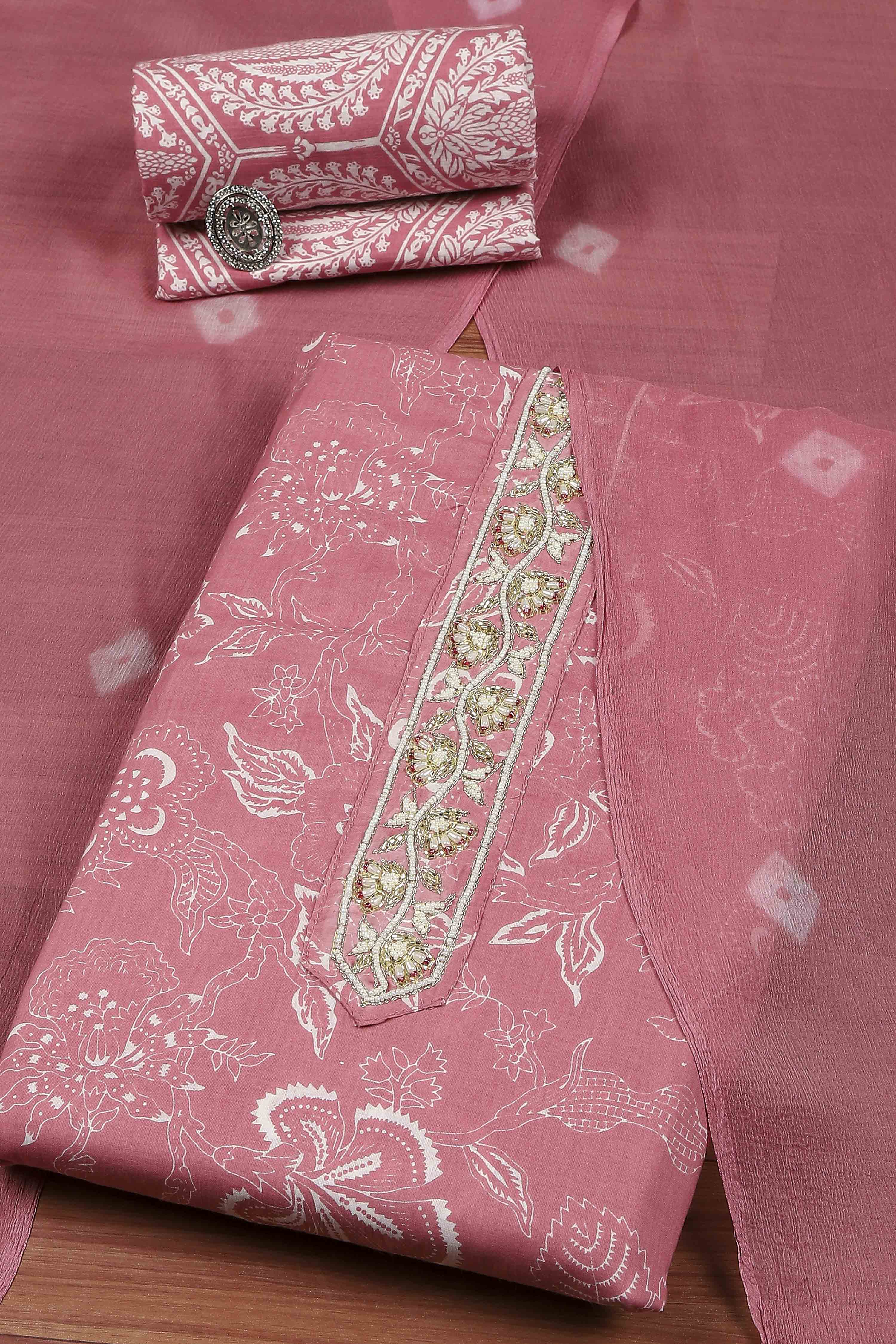 Pink Cotton Printed Embroidered Unstitched Suit Set image number 0