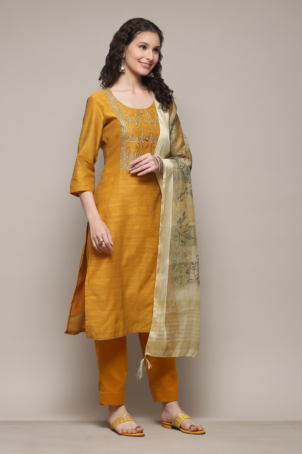 Mustard Chanderi Printed Unstitched Suit Set image number 7