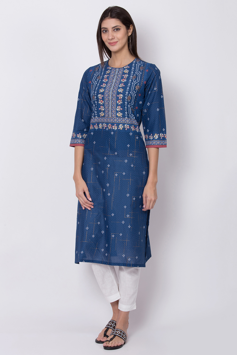 Indigo Cotton Straight Printed Kurta image number 2