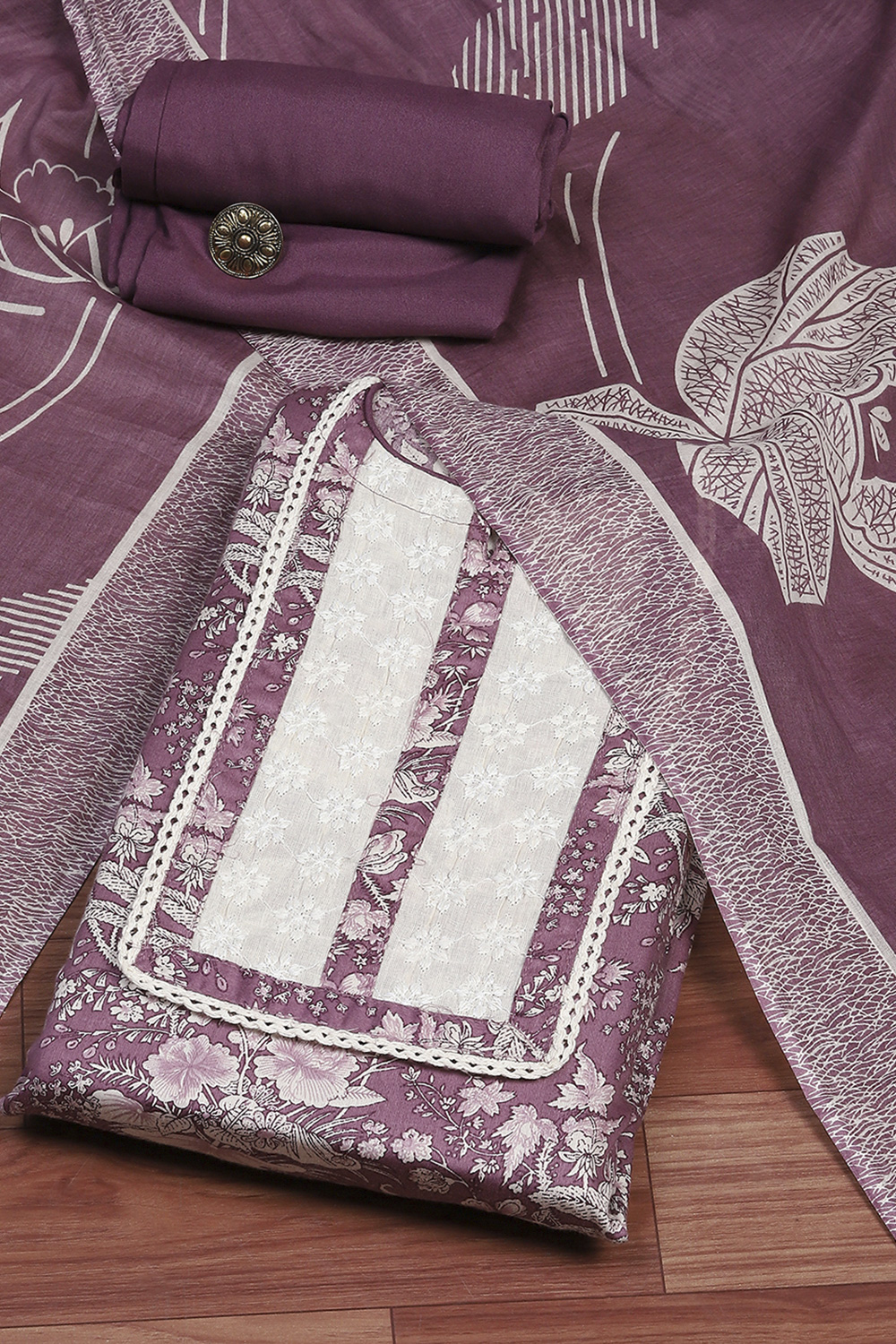 Purple Cotton Unstitched Suit Set image number 0