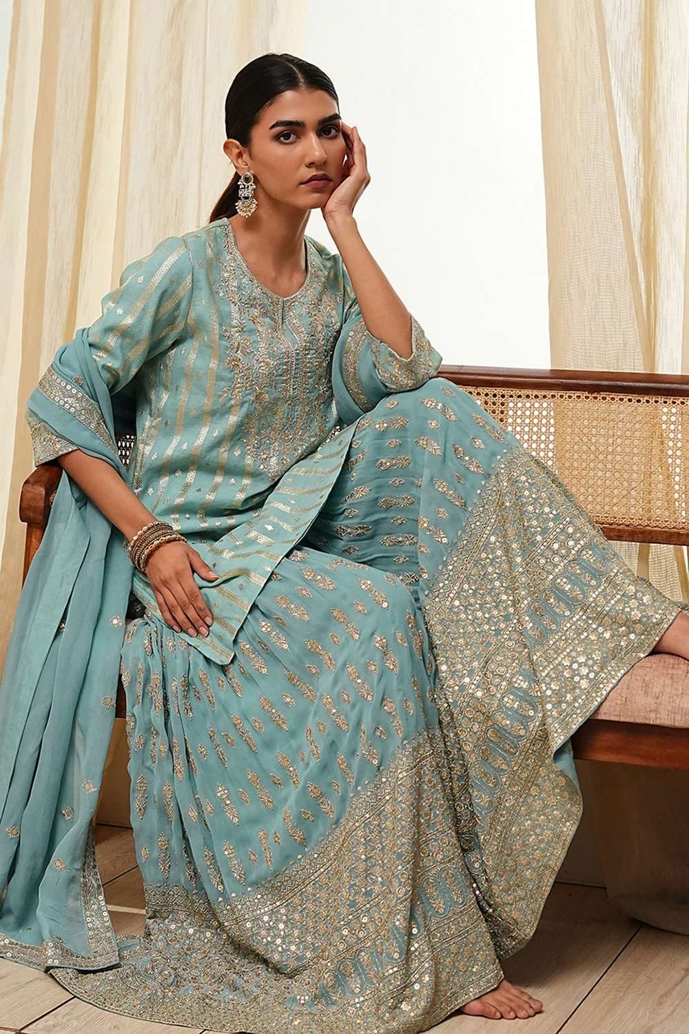 Powder Blue Embroidered Straight Suit Set image number 8