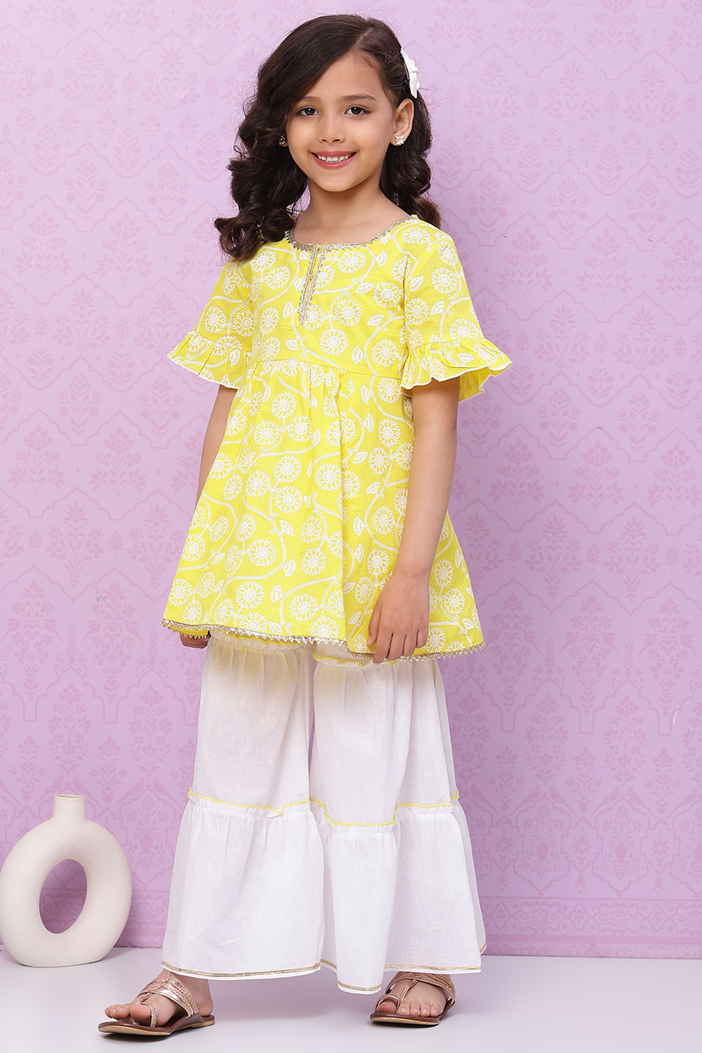 Lime Yellow Cotton Short Printed Kurta image number 3