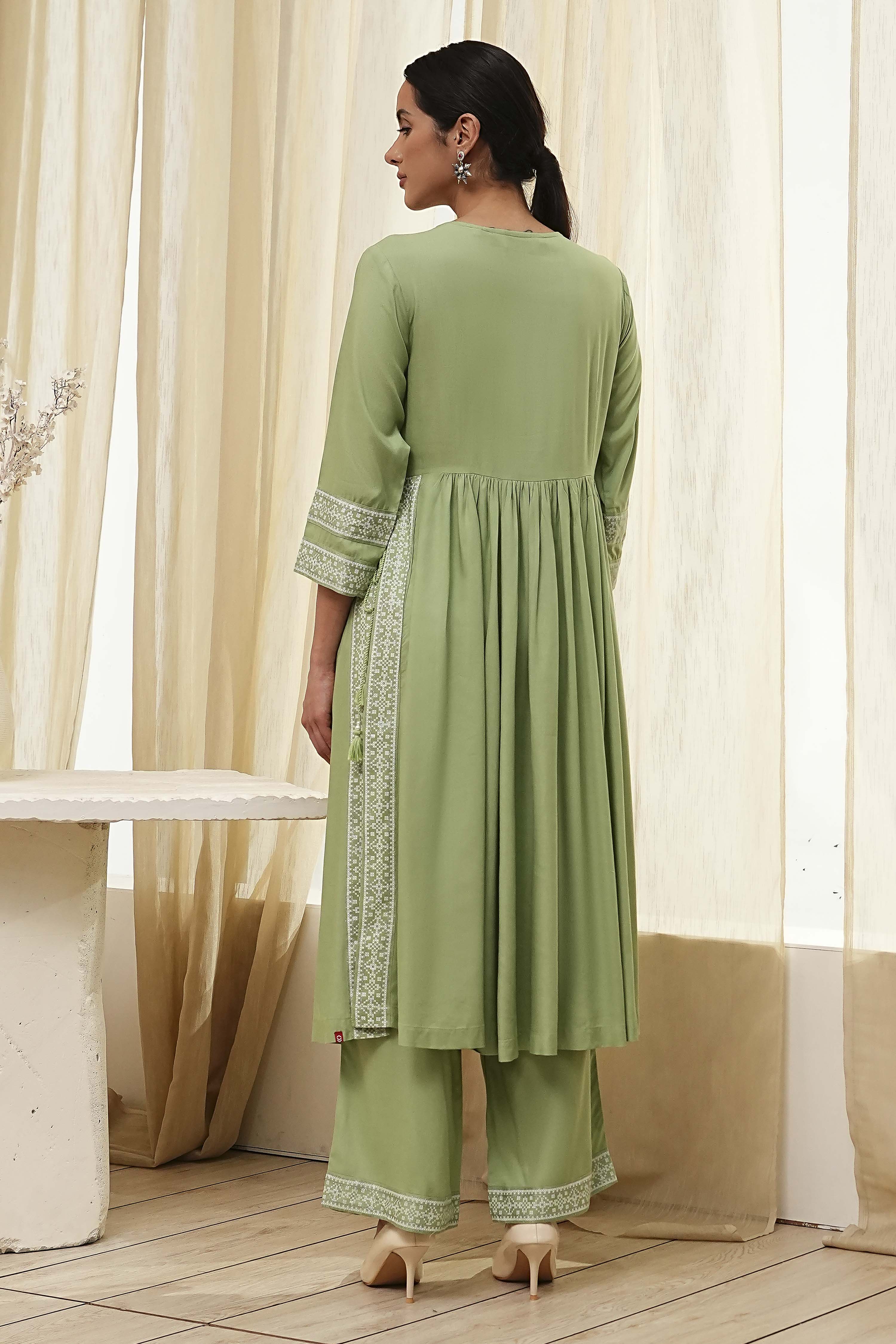 Olive Green Embroidered Gathered Suit Set image number 4