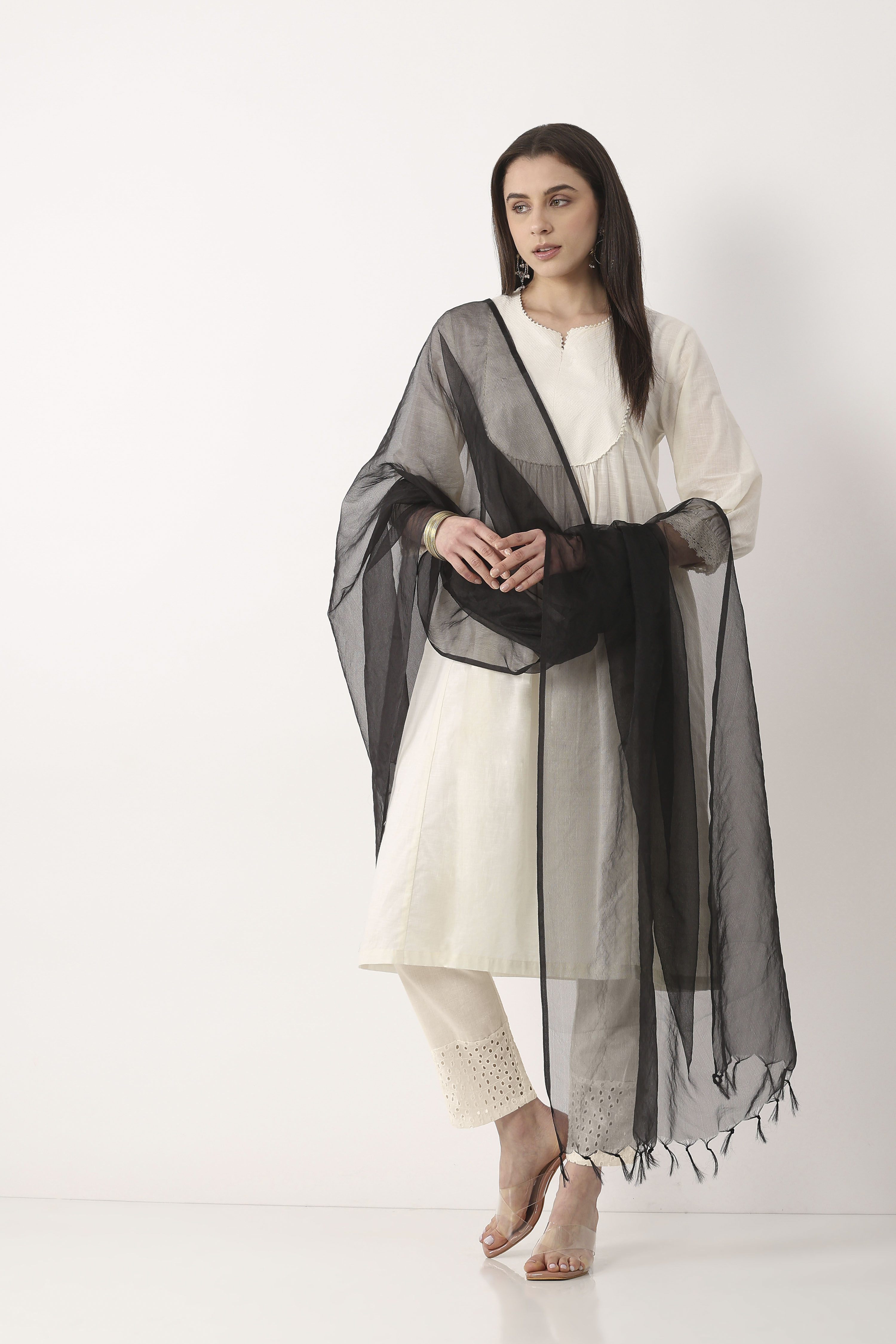 Green Black Nylon Organza Dupatta image number 3