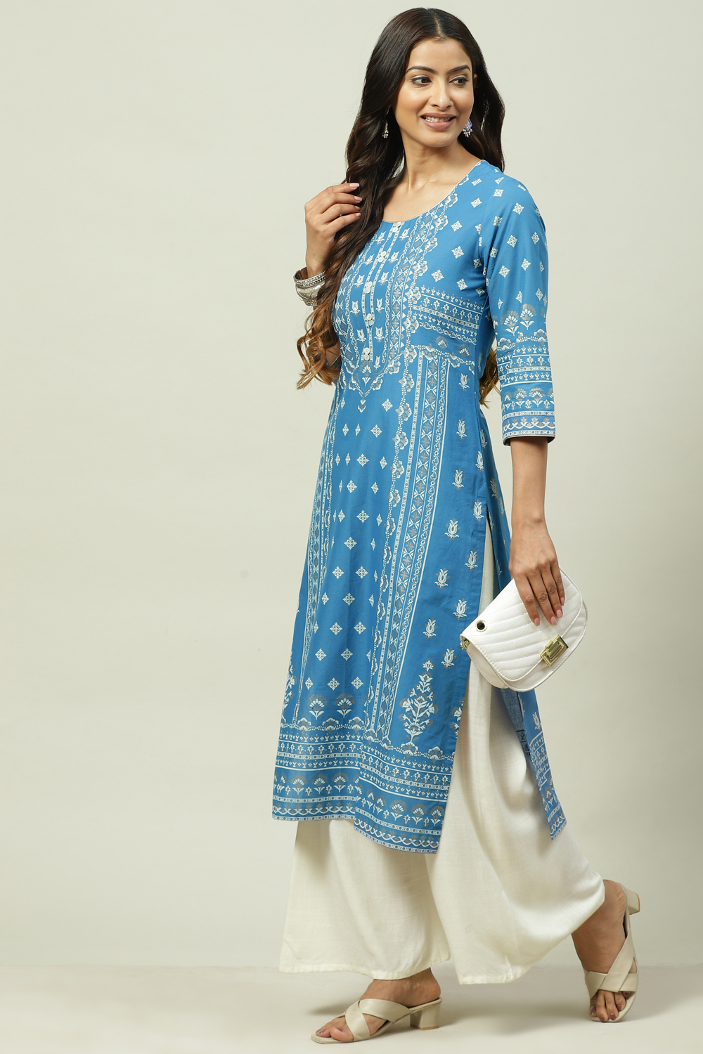 Blue Cotton Straight Kurta image number 5