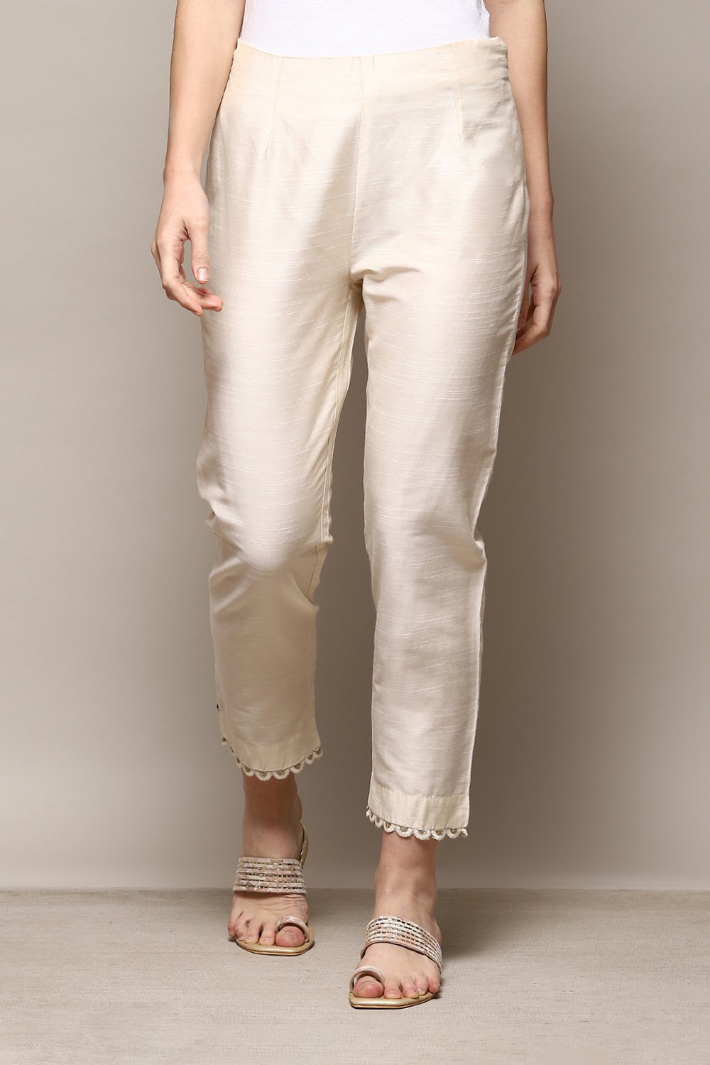 Cream Polyester Slim Yarndyed Pants image number 5