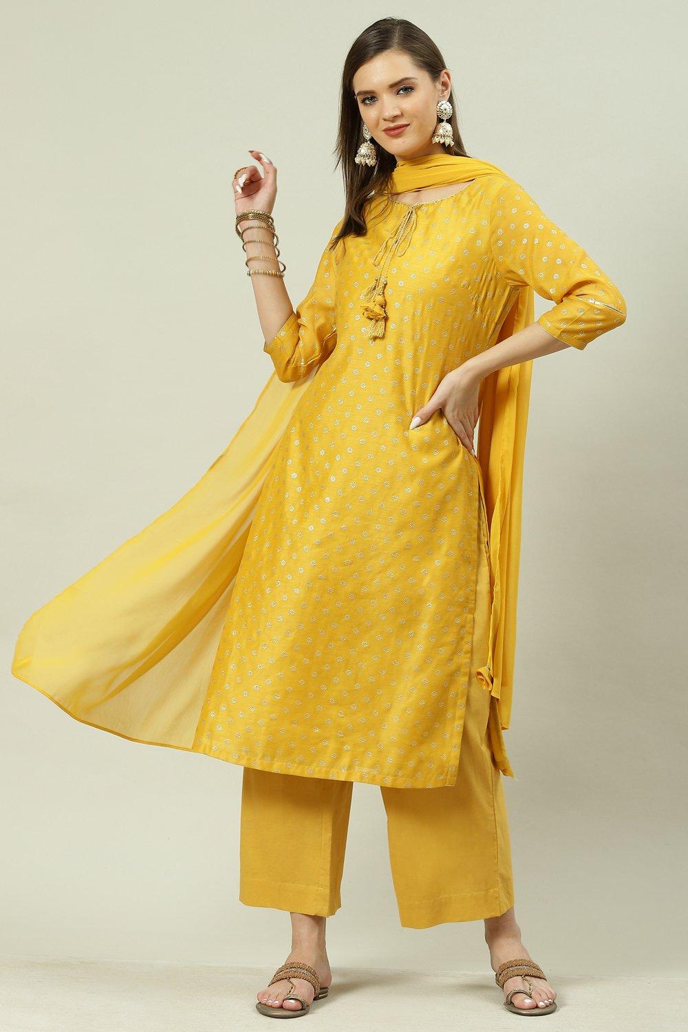 Yellow Printed Straight Kurta Palazzo Suit Set image number 0