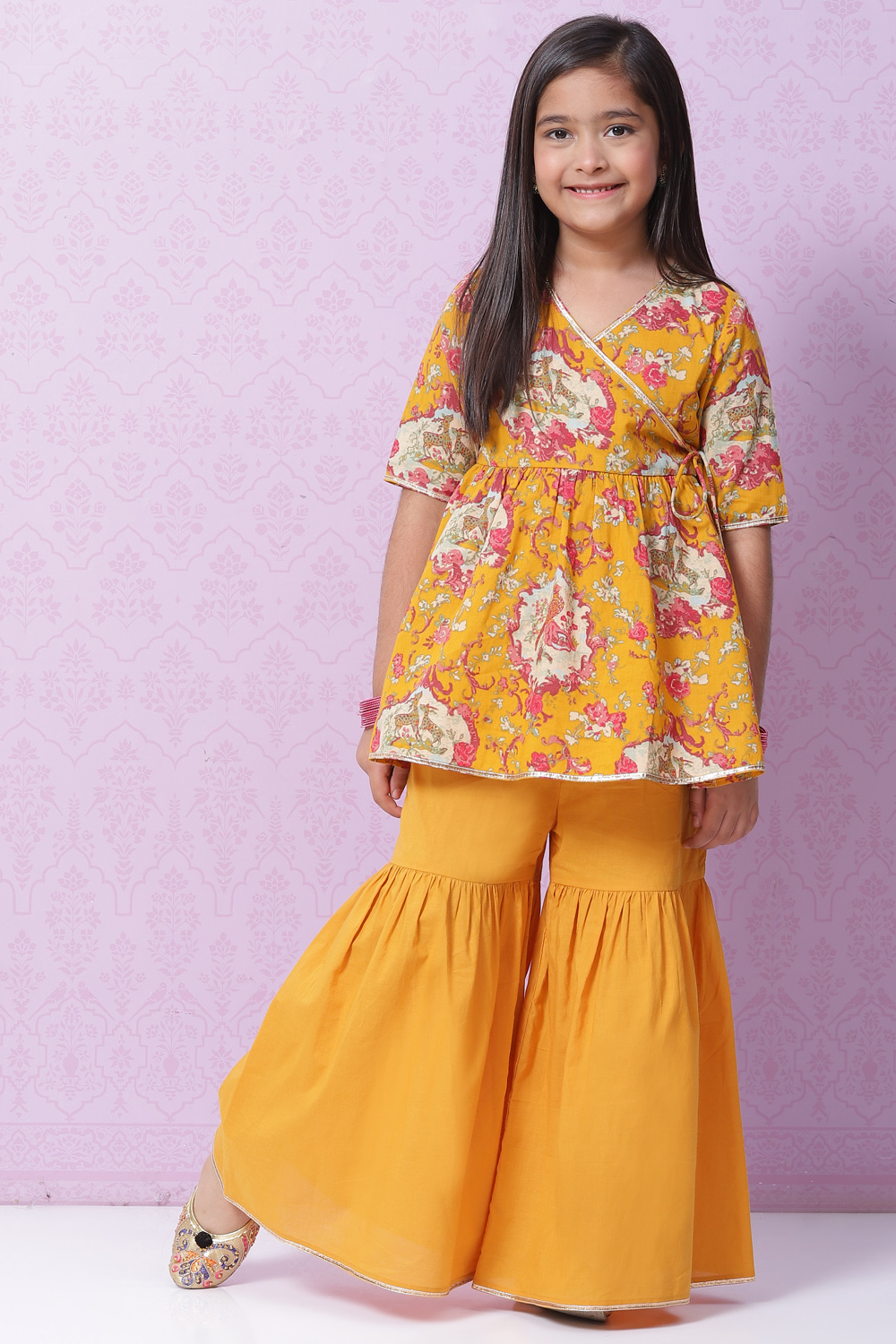 Yellow Cotton Flared Printed Kurta Set image number 0